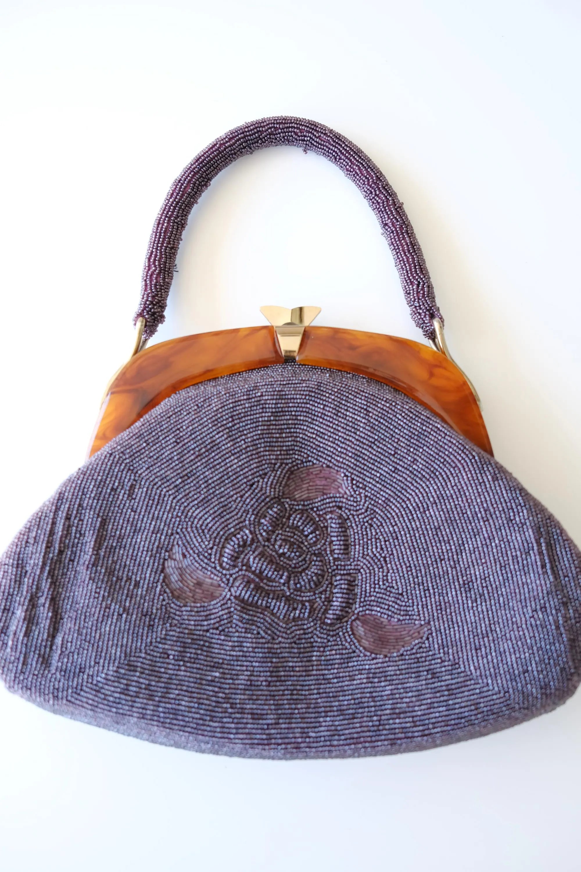 Vintage Japanese purple floral glass beaded handbag measuring approximately 30 cm wide, 32 cm high including handle and 5 cm deep