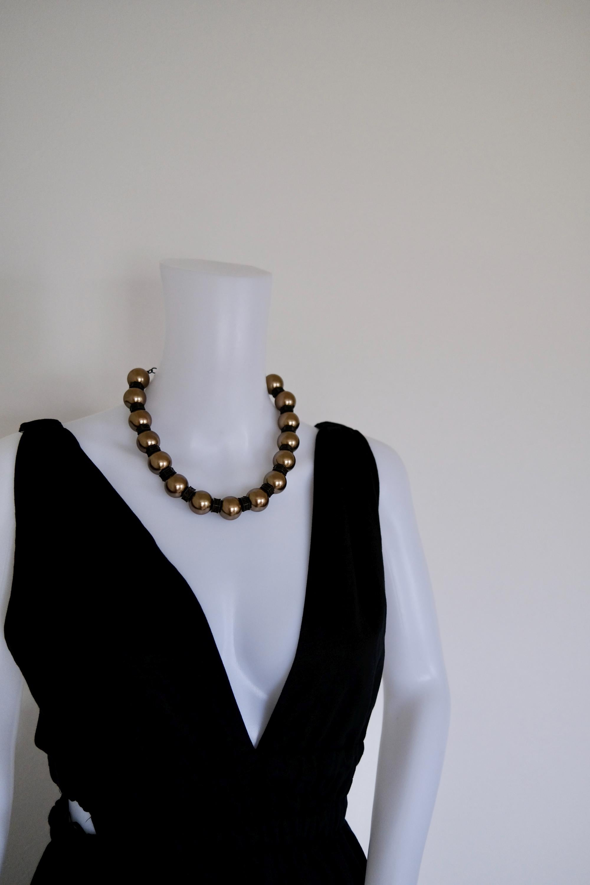 Vintage Lanvin statement necklace with large champagne faux pearls and LL logo charm