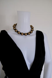 Vintage Lanvin statement necklace with large champagne faux pearls and LL logo charm