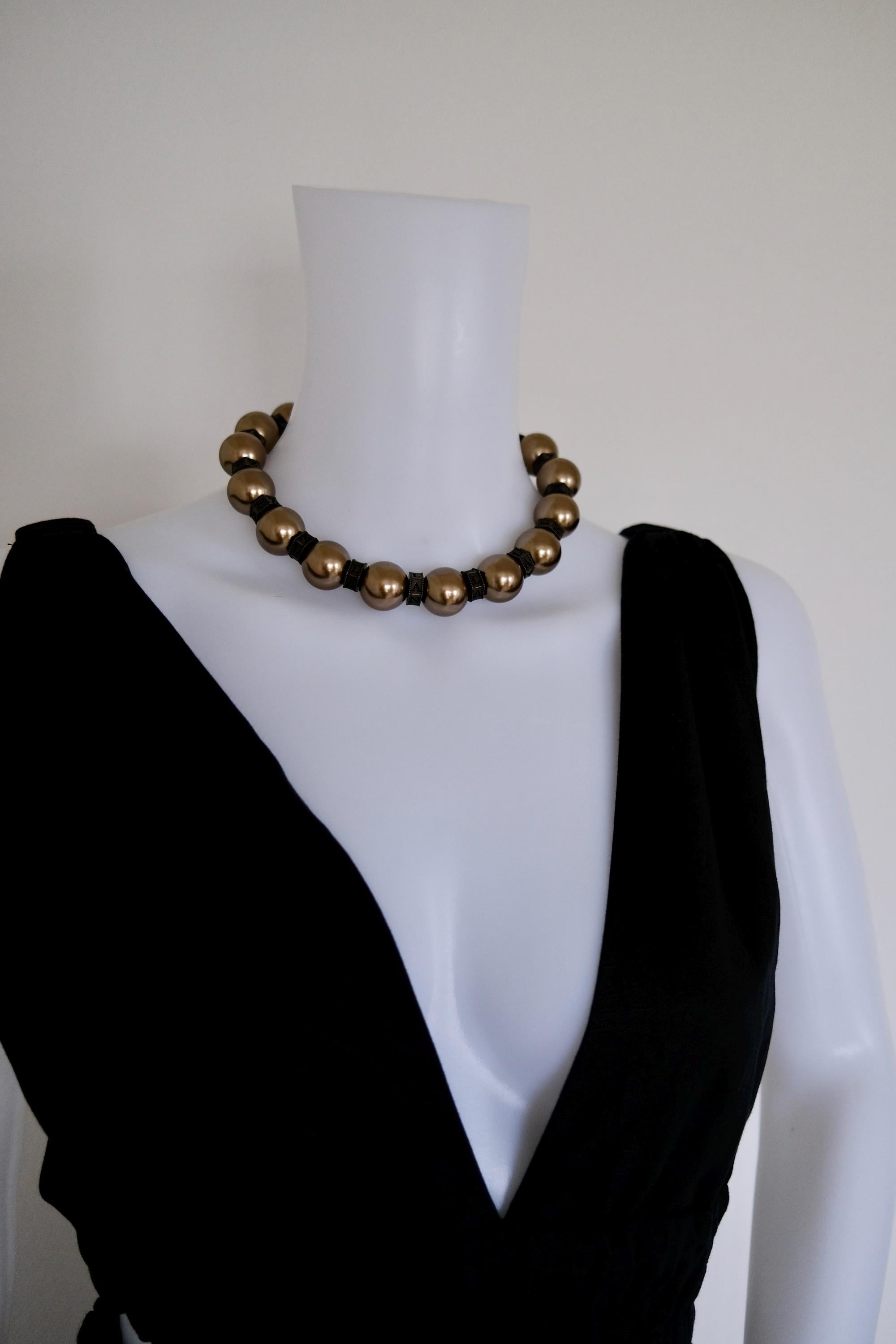 Vintage Lanvin statement necklace with large champagne faux pearls and LL logo charm