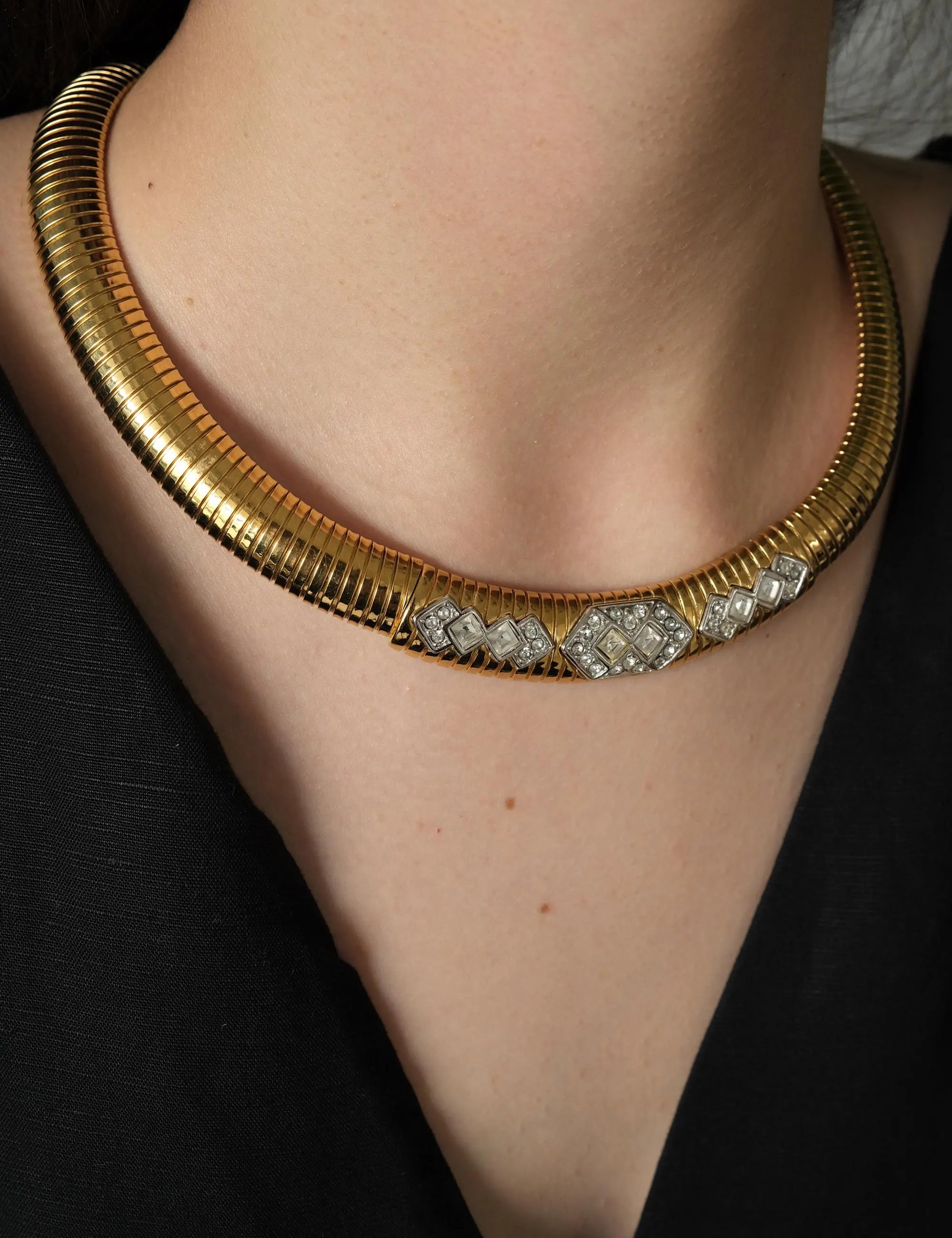 Vintage Monet Necklace Charm, Gold Tone Necklace, Choker Gas pipe Necklace, Vintage Jewelry, Jewelry for Women, Gift for her, Bridal Jewelry