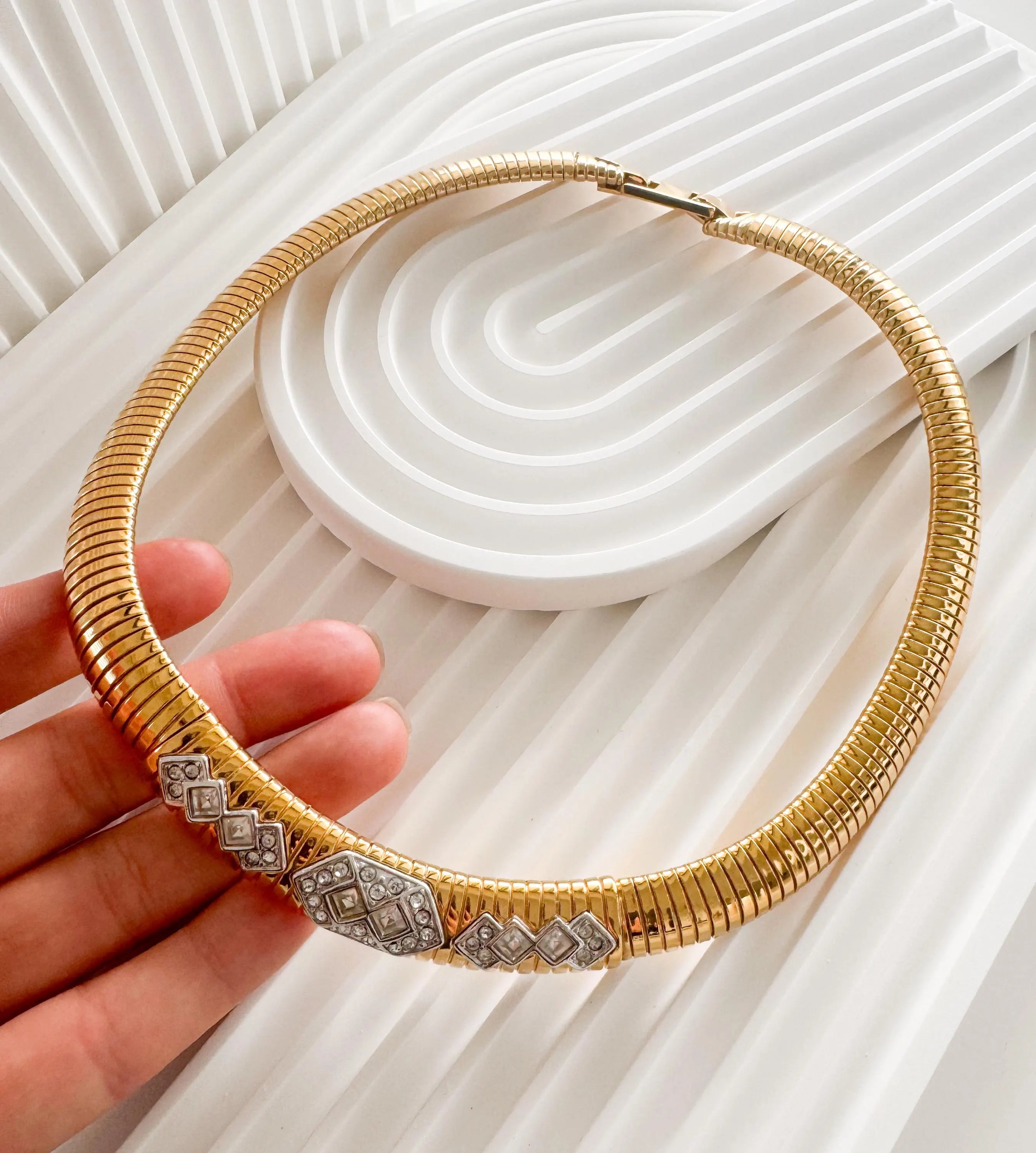 Vintage Monet Necklace Charm, Gold Tone Necklace, Choker Gas pipe Necklace, Vintage Jewelry, Jewelry for Women, Gift for her, Bridal Jewelry
