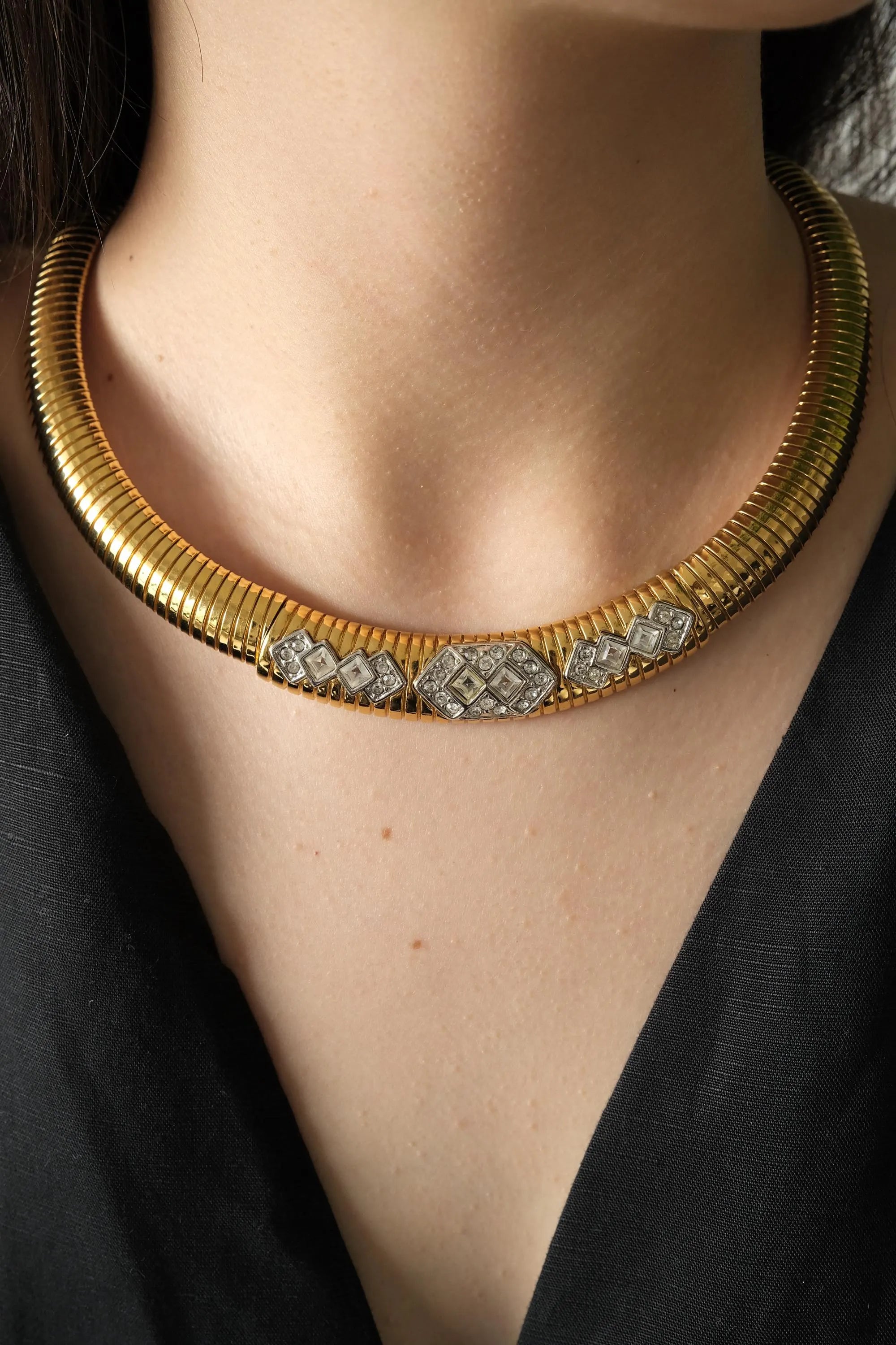 Vintage Monet Necklace Charm, Gold Tone Necklace, Choker Gas pipe Necklace, Vintage Jewelry, Jewelry for Women, Gift for her, Bridal Jewelry