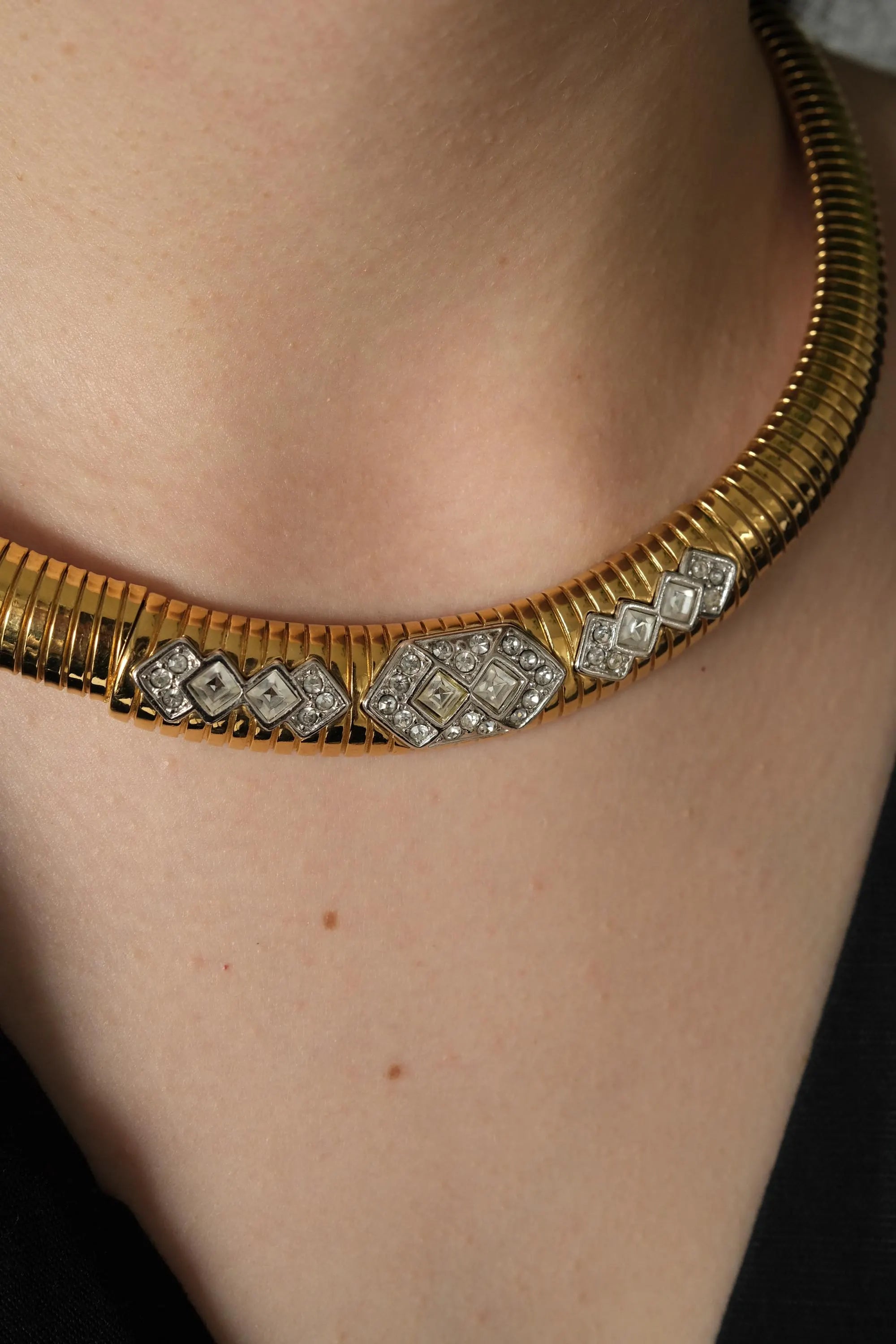 Vintage Monet Necklace Charm, Gold Tone Necklace, Choker Gas pipe Necklace, Vintage Jewelry, Jewelry for Women, Gift for her, Bridal Jewelry