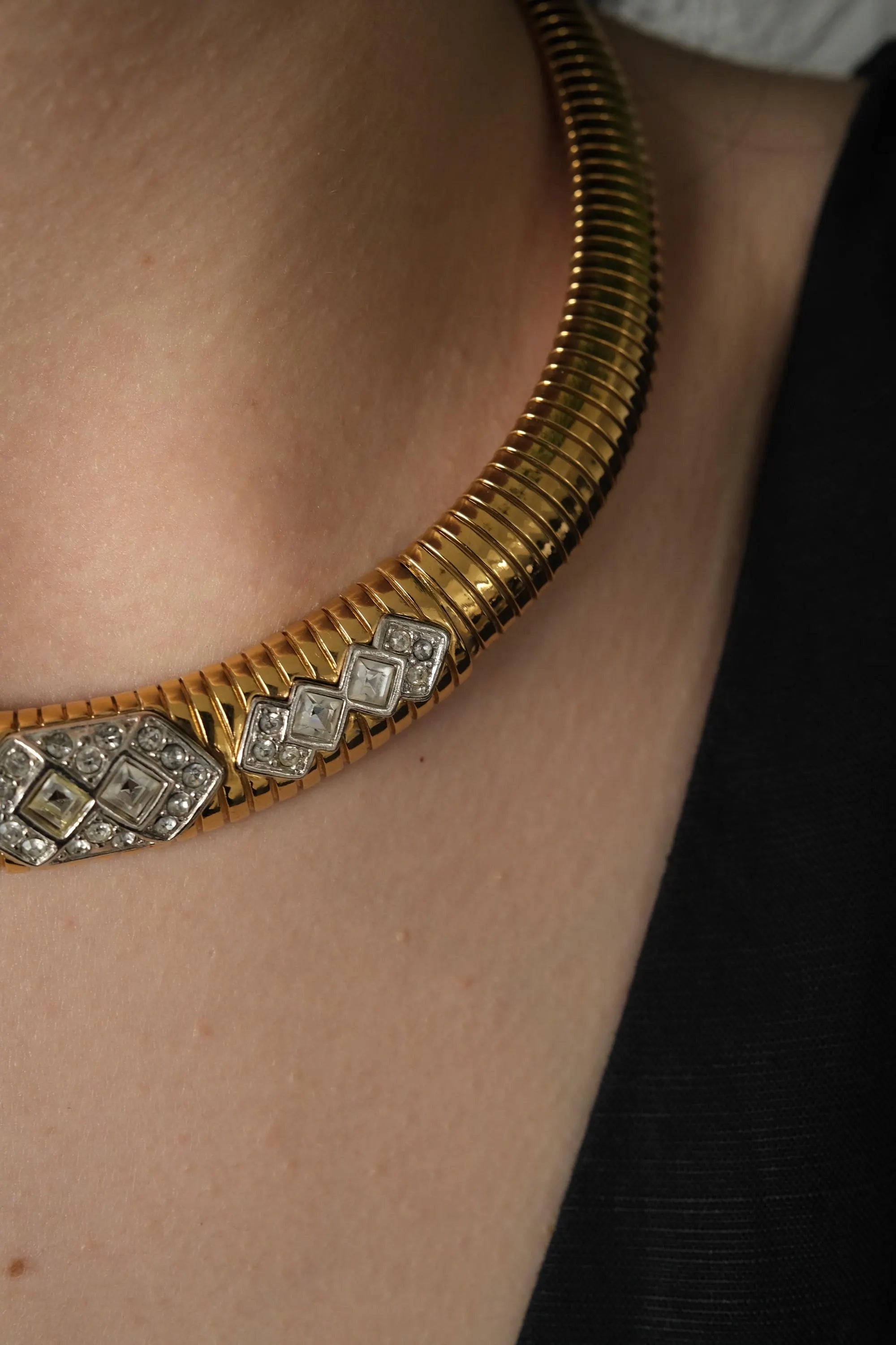Vintage Monet Necklace Charm, Gold Tone Necklace, Choker Gas pipe Necklace, Vintage Jewelry, Jewelry for Women, Gift for her, Bridal Jewelry