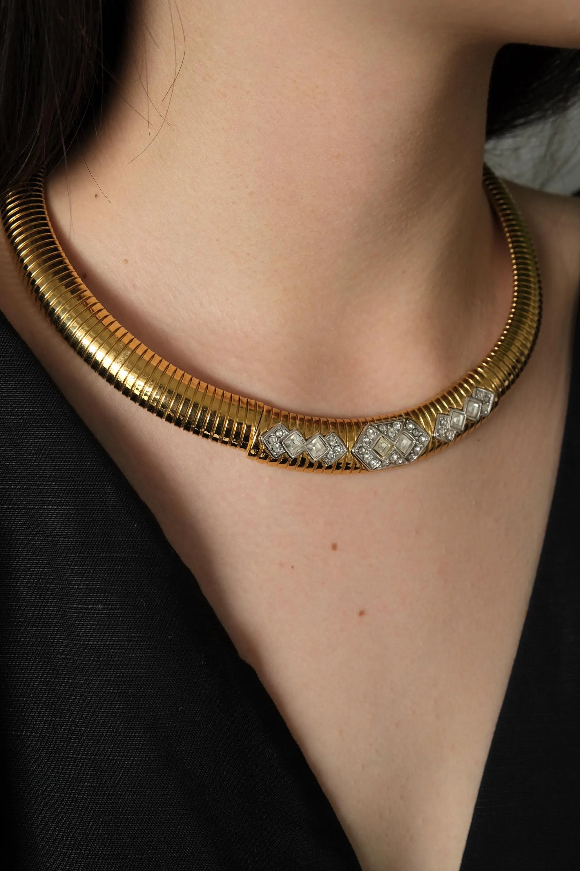 Vintage Monet Necklace Charm, Gold Tone Necklace, Choker Gas pipe Necklace, Vintage Jewelry, Jewelry for Women, Gift for her, Bridal Jewelry