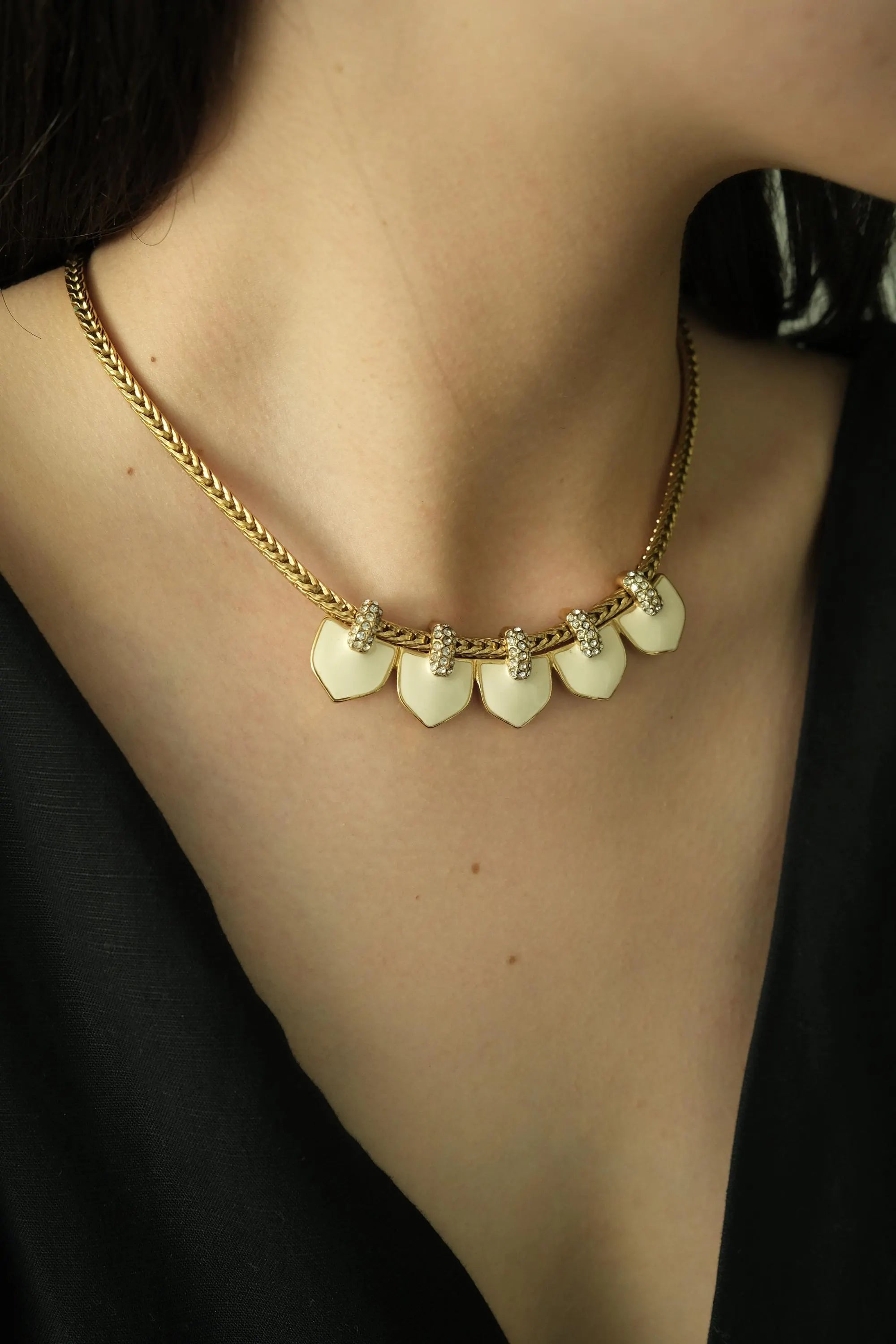 Vintage Monet Necklace Charm, Gold Tone Necklace, cream Enamel, Choker Monet   Necklace, Vintage Jewelry, Jewelry for Women, Gift for her
