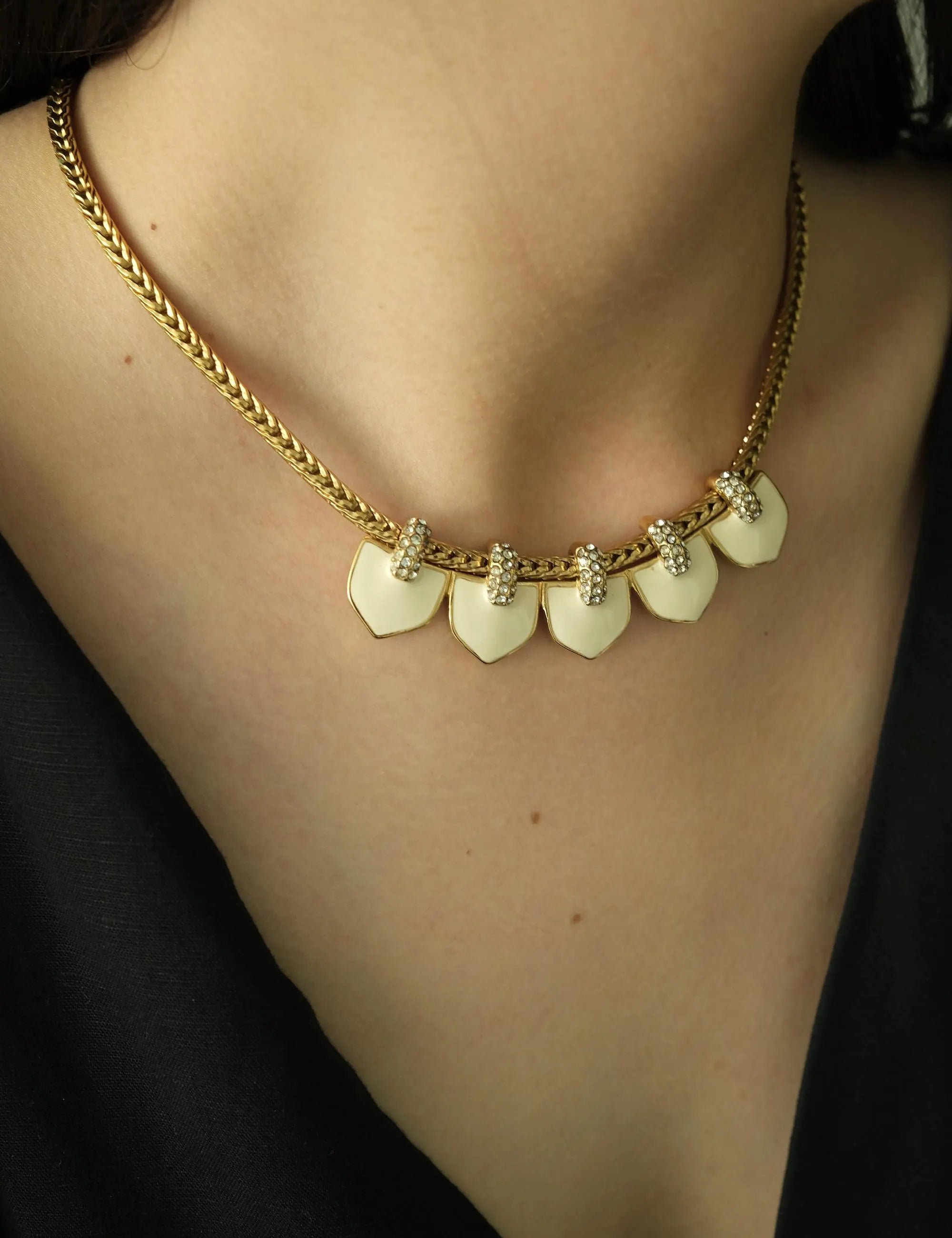 Vintage Monet Necklace Charm, Gold Tone Necklace, cream Enamel, Choker Monet   Necklace, Vintage Jewelry, Jewelry for Women, Gift for her