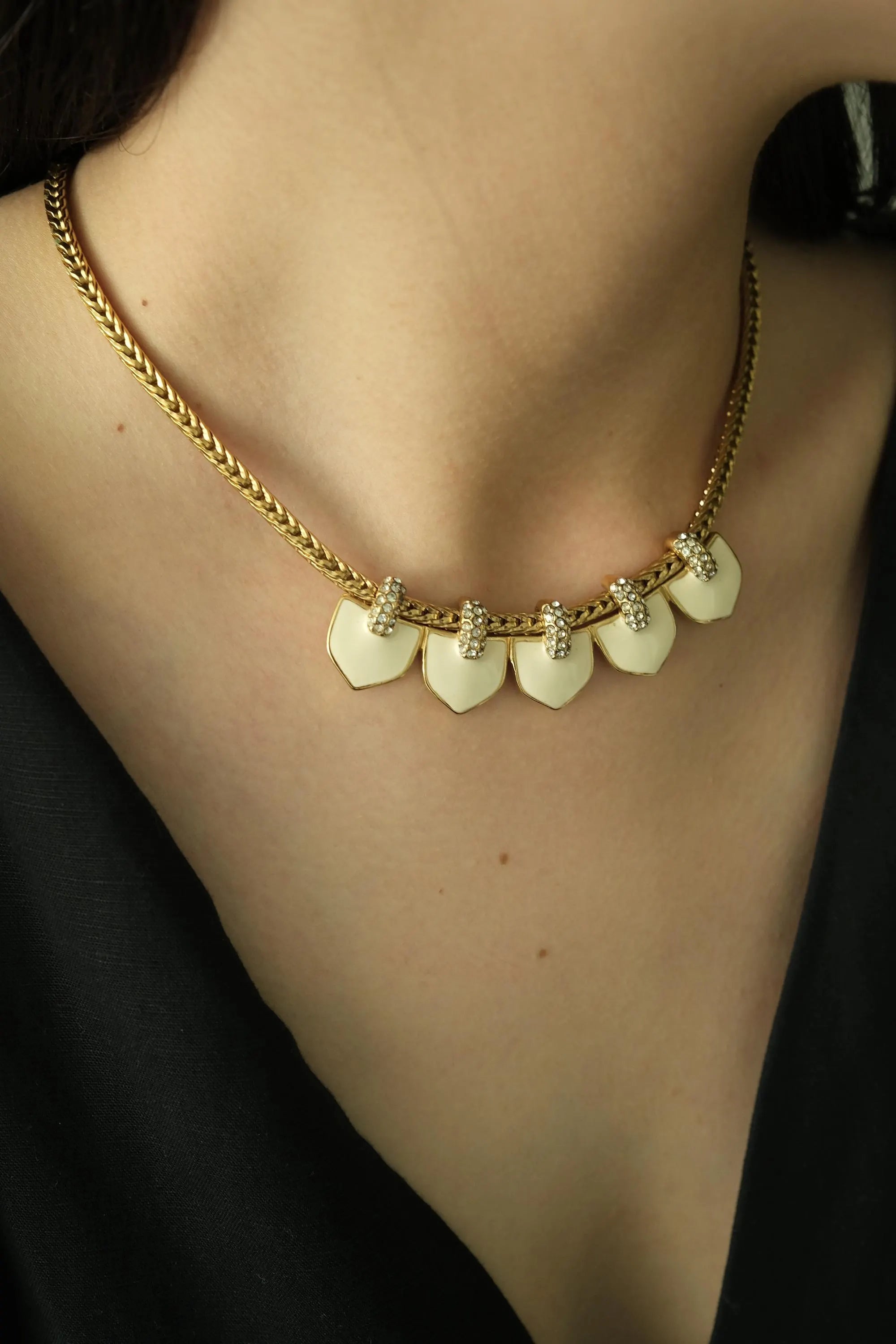 Vintage Monet Necklace Charm, Gold Tone Necklace, cream Enamel, Choker Monet   Necklace, Vintage Jewelry, Jewelry for Women, Gift for her