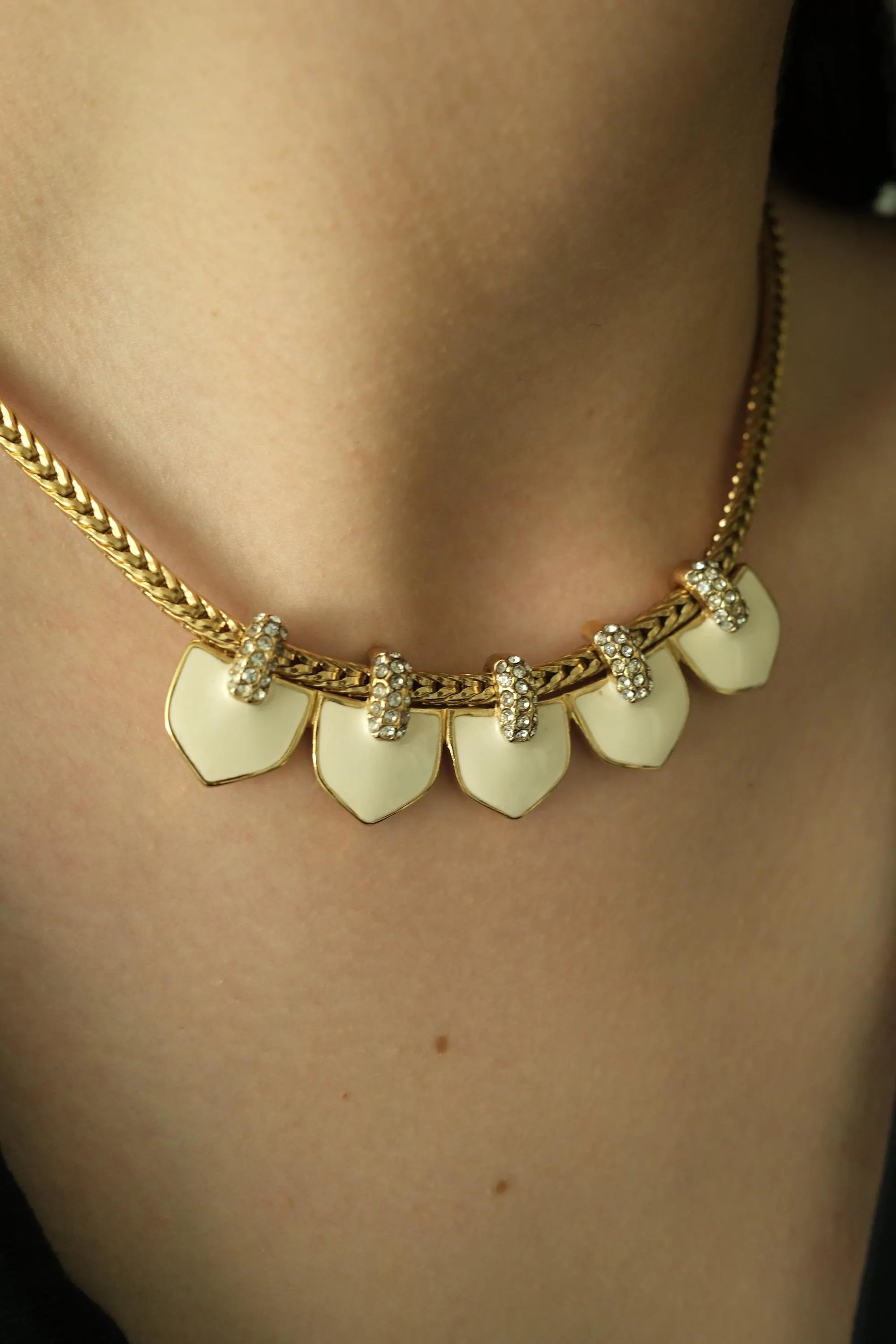 Vintage Monet Necklace Charm, Gold Tone Necklace, cream Enamel, Choker Monet   Necklace, Vintage Jewelry, Jewelry for Women, Gift for her