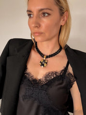 Elegant vintage Nina Ricci black glass bead choker necklace gold leaf pearl pendant luxury