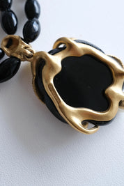 Vintage Nina Ricci black bead choker necklace gold leaf pearl elegant designer jewelry