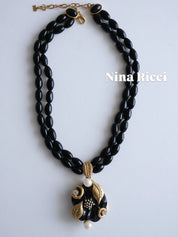 Vintage Nina Ricci black bead choker necklace gold leaf pearl elegant designer jewelry