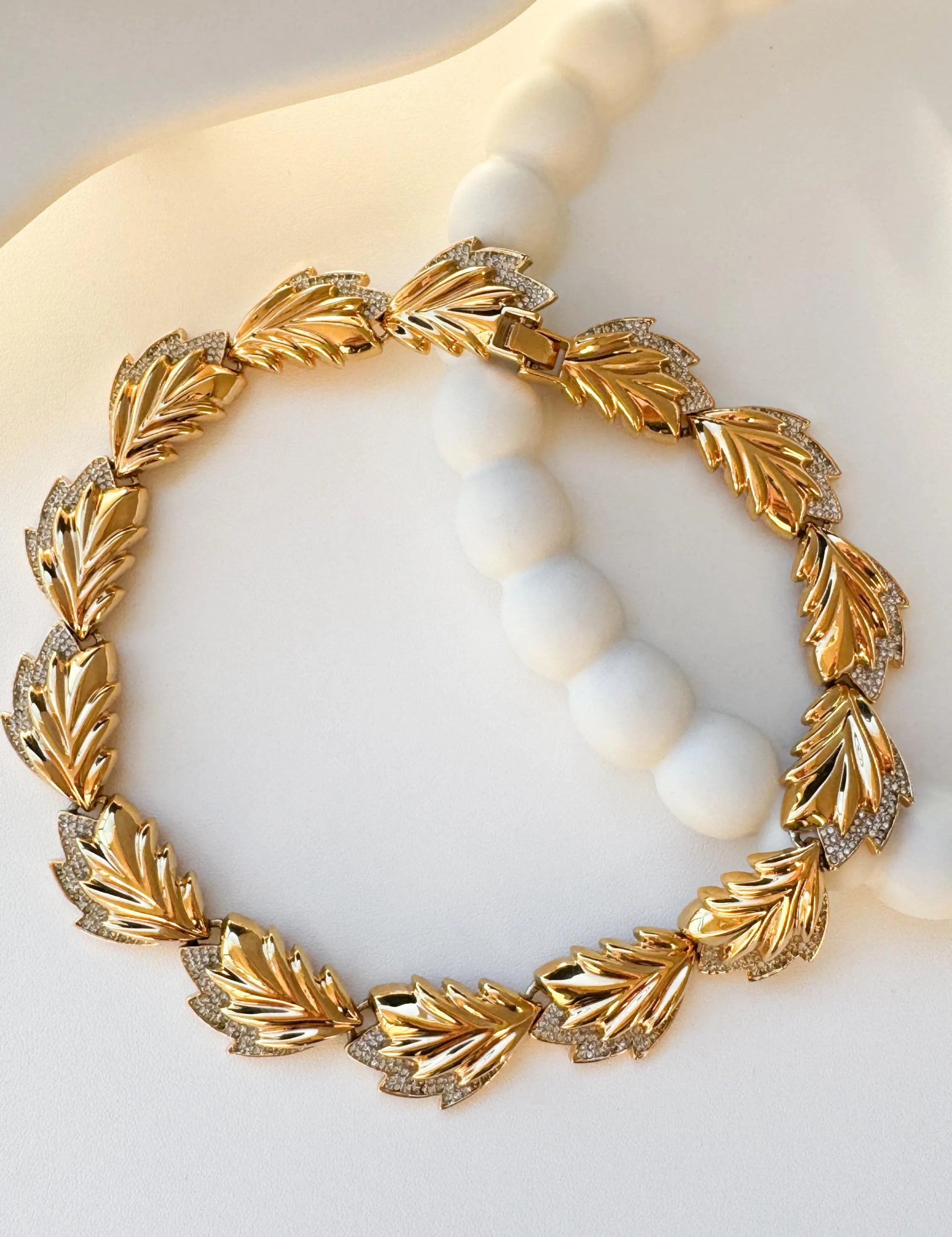 Vintage Nina Ricci choker necklace with gold leaf wheat motif and crystal details
