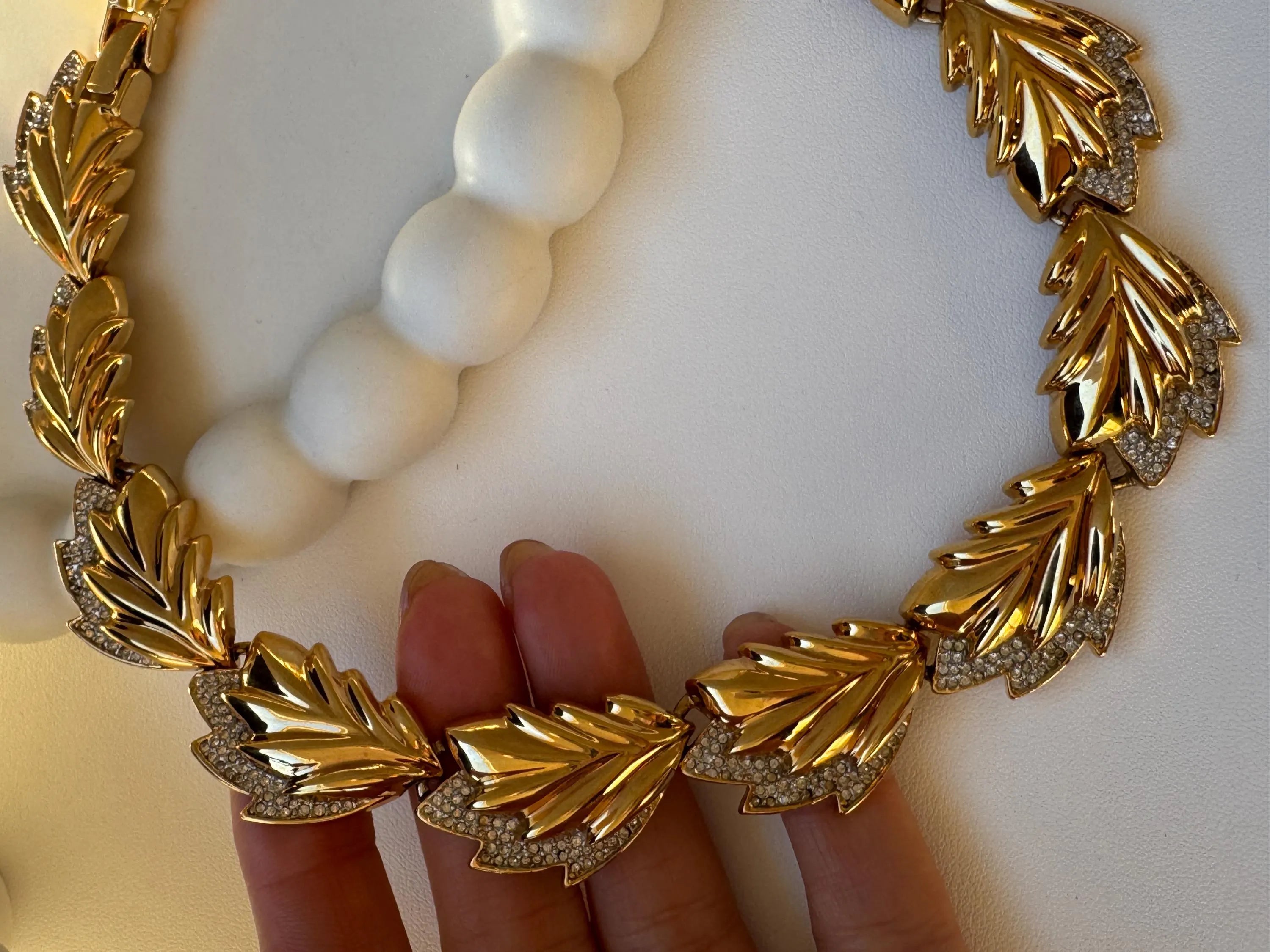 Vintage Nina Ricci choker necklace with gold leaf wheat motif and crystal details