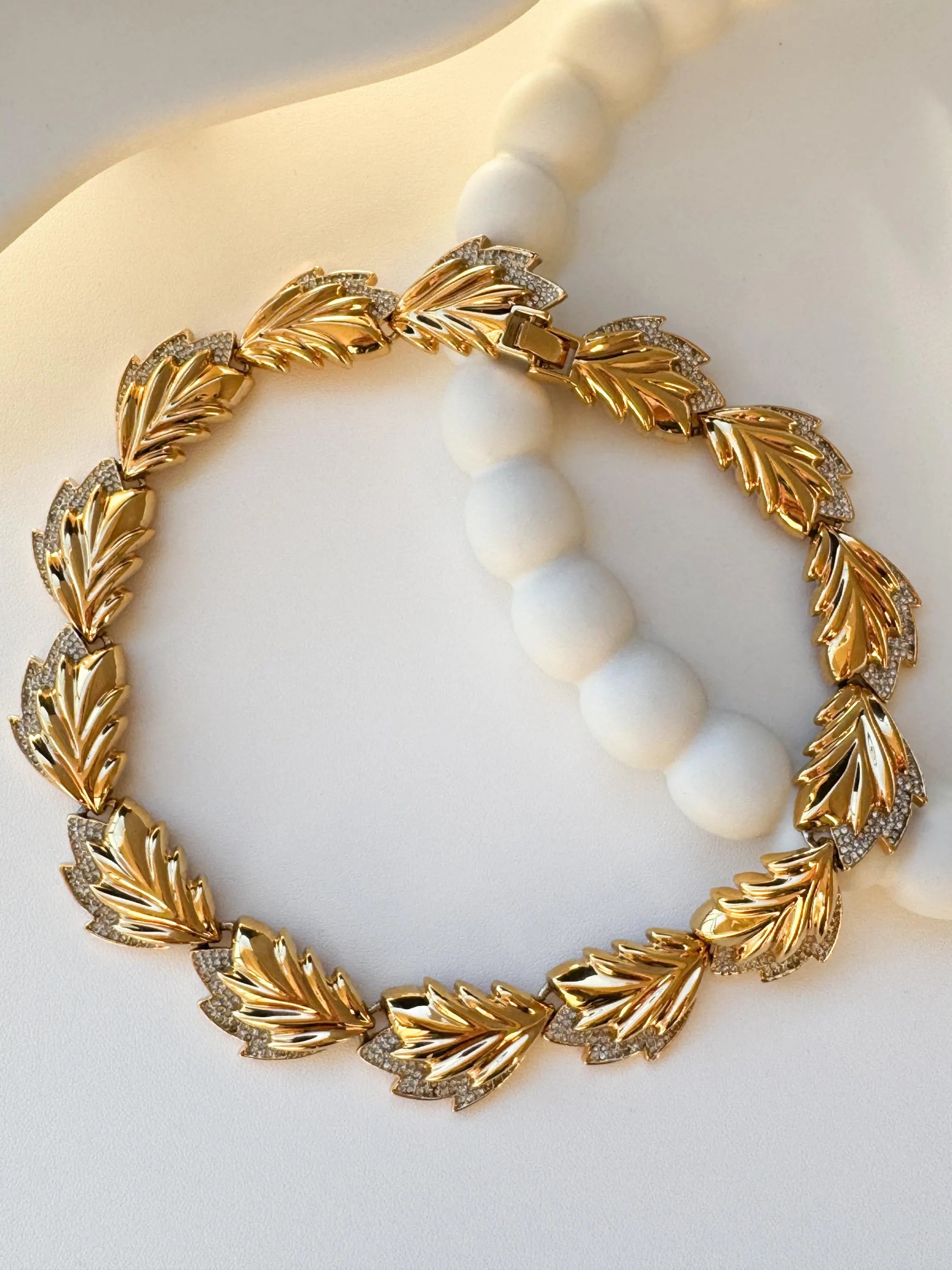 Vintage Nina Ricci choker necklace with gold leaf wheat motif and crystal details