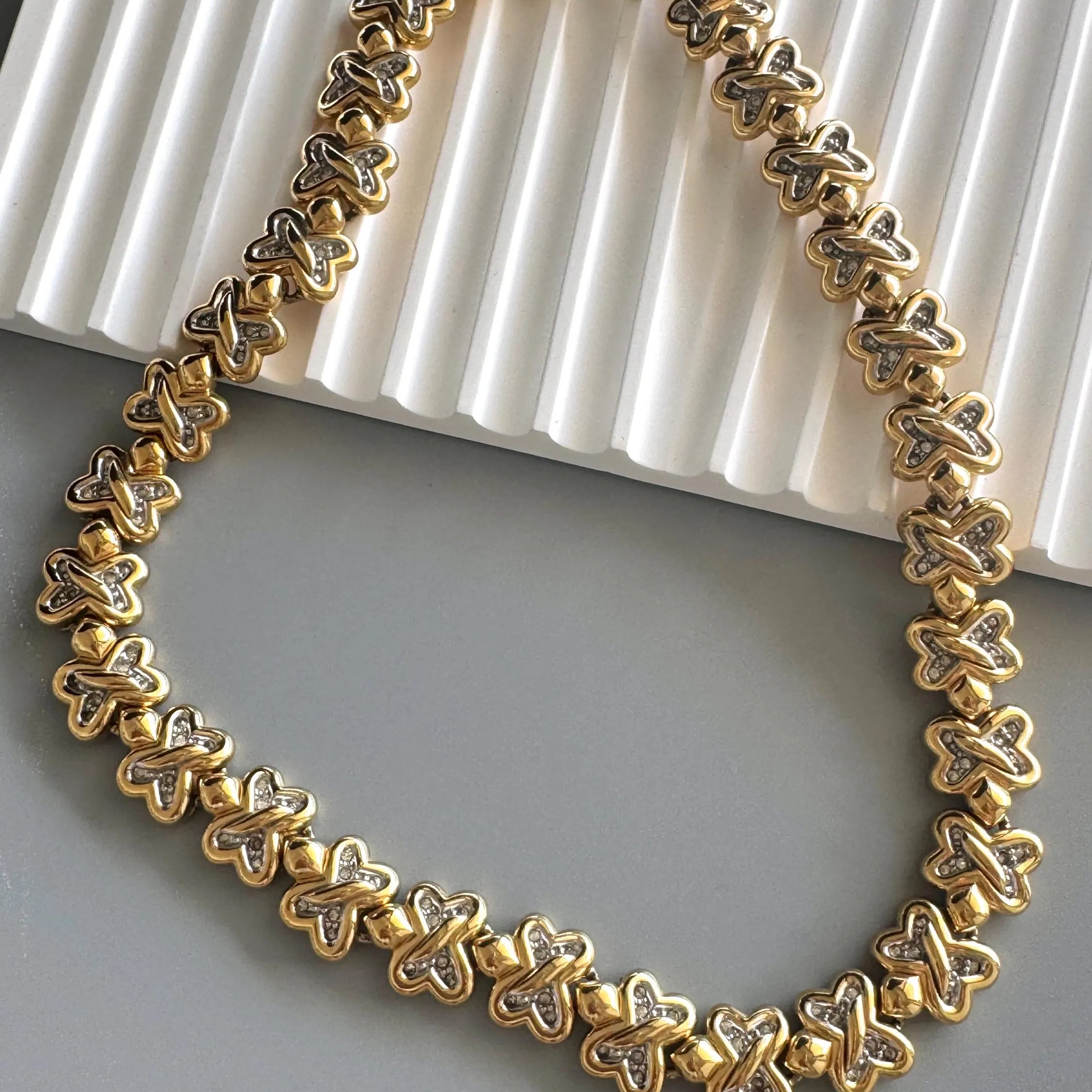 Vintage Nina Ricci Clover Link Necklace, Gold and Silver Tone with Rhinestones,42.5cm Collar, Signed Designer Jewelry, vintage Clover choker