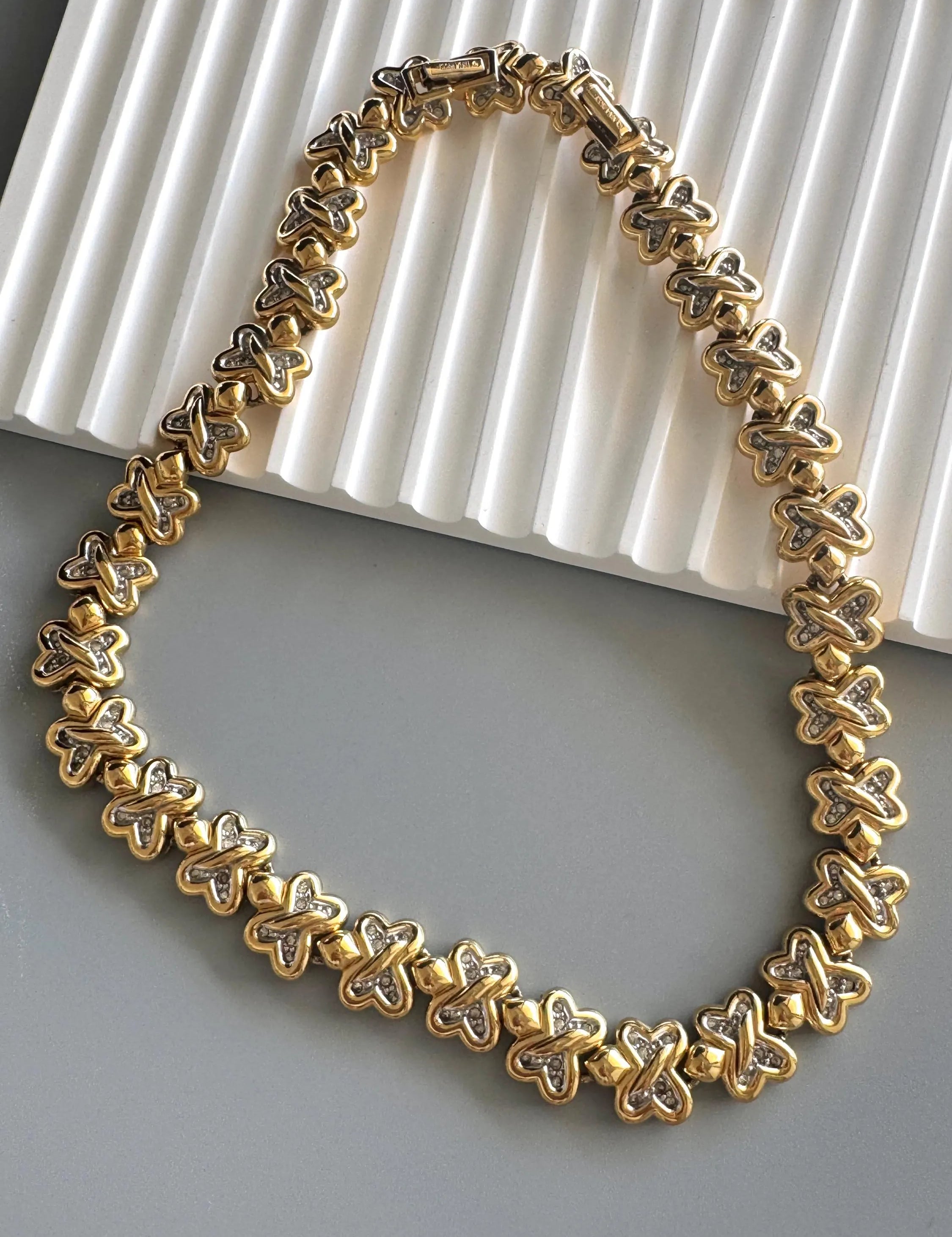 Vintage Nina Ricci Clover Link Necklace, Gold and Silver Tone with Rhinestones,42.5cm Collar, Signed Designer Jewelry, vintage Clover choker