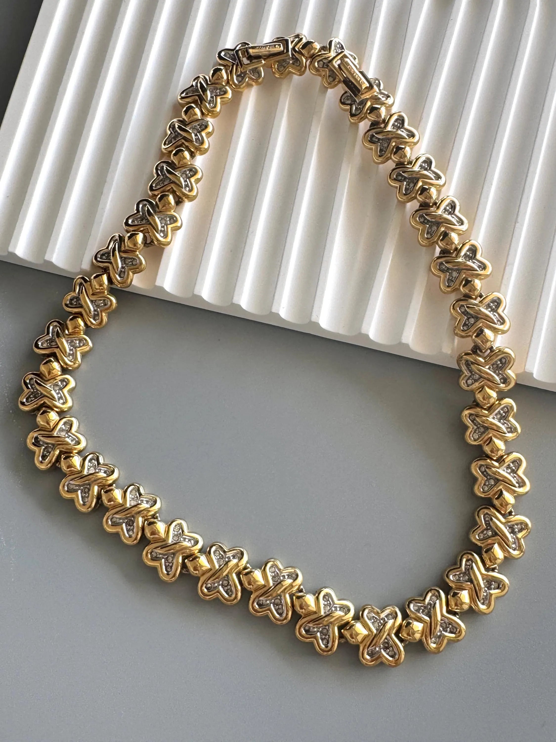 Vintage Nina Ricci Clover Link Necklace, Gold and Silver Tone with Rhinestones,42.5cm Collar, Signed Designer Jewelry, vintage Clover choker