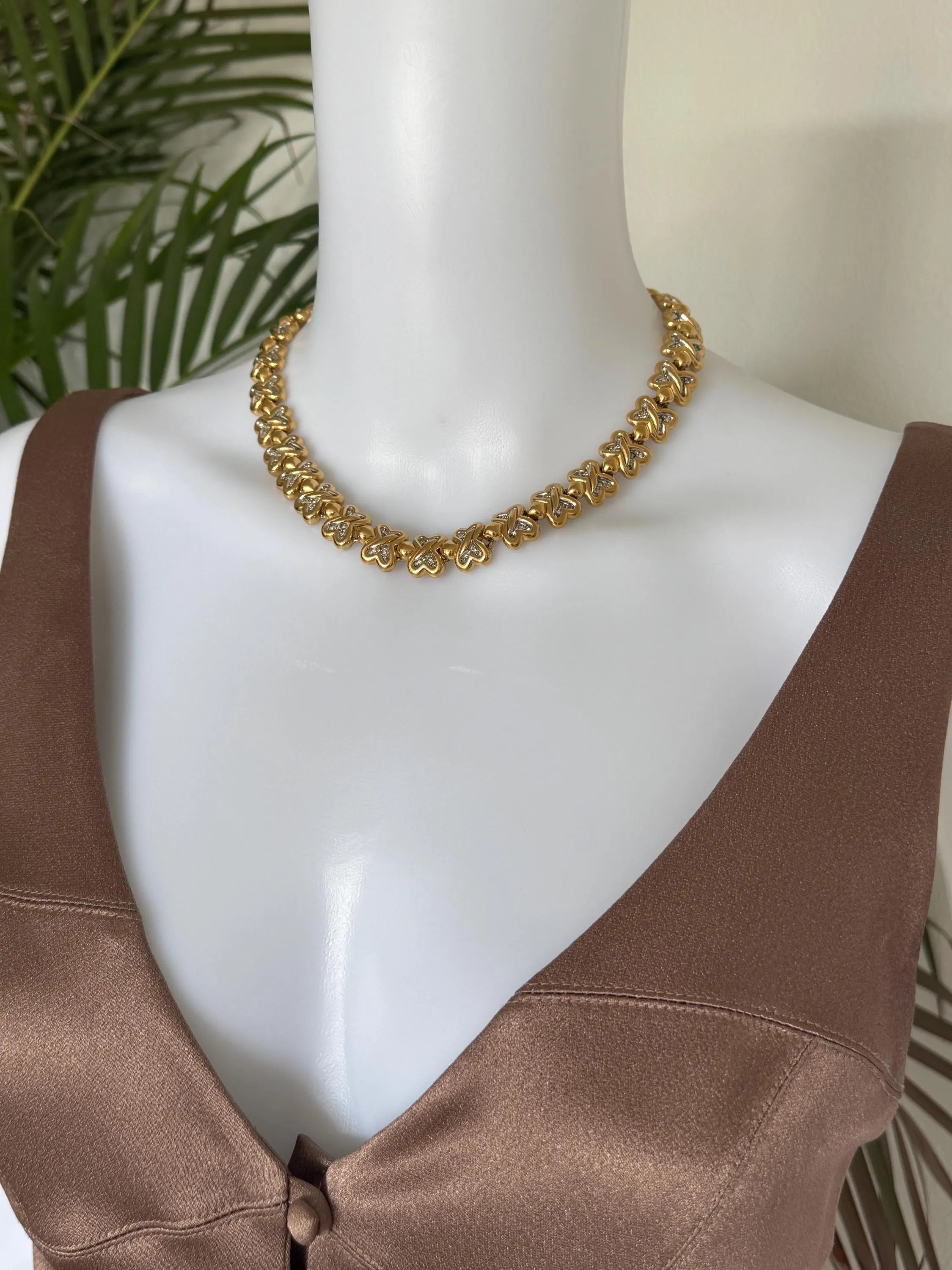Vintage Nina Ricci Clover Link Necklace, Gold and Silver Tone with Rhinestones,42.5cm Collar, Signed Designer Jewelry, vintage Clover choker