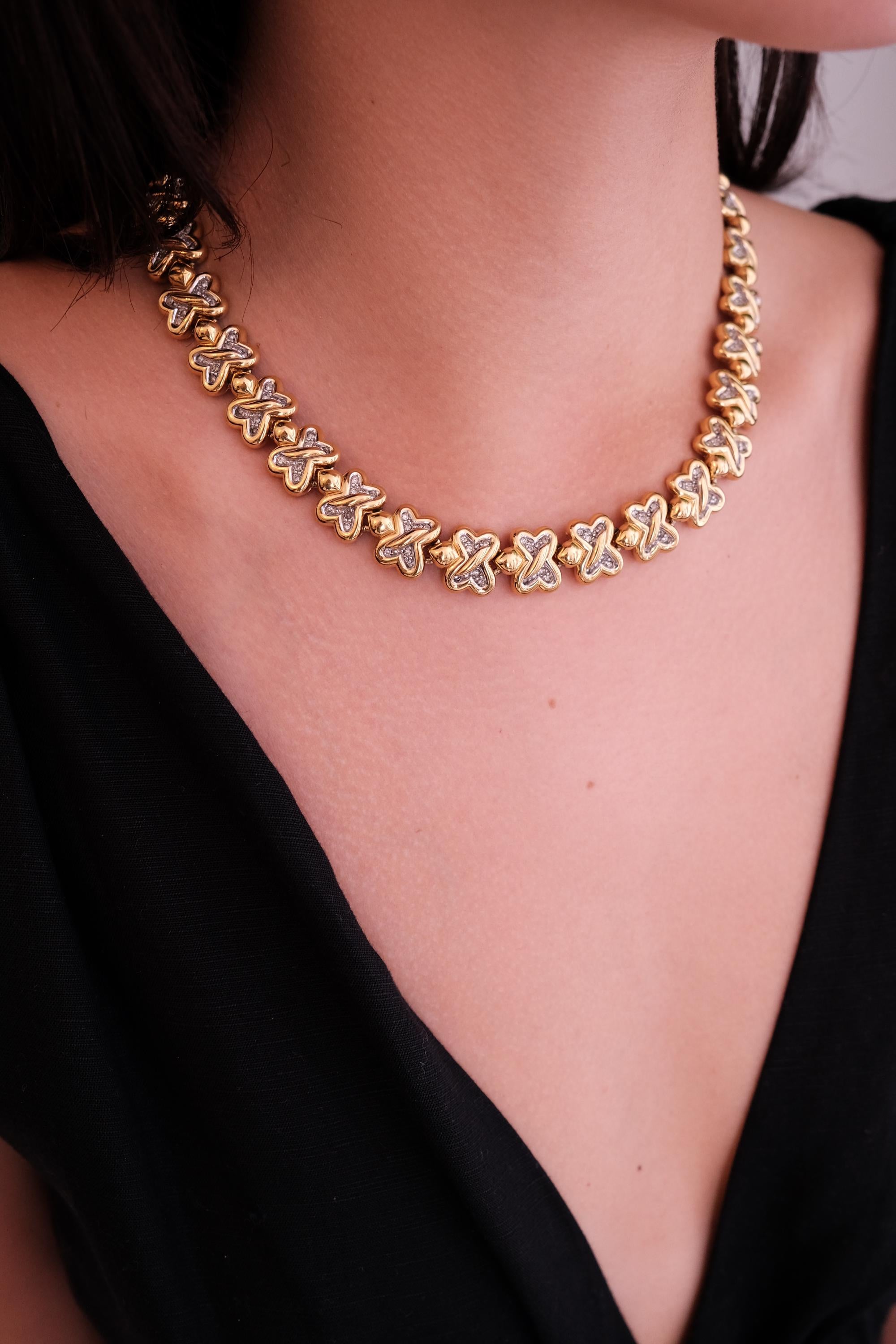 Vintage Nina Ricci Clover Link Necklace, Gold and Silver Tone with Rhinestones,42.5cm Collar, Signed Designer Jewelry, vintage Clover choker
