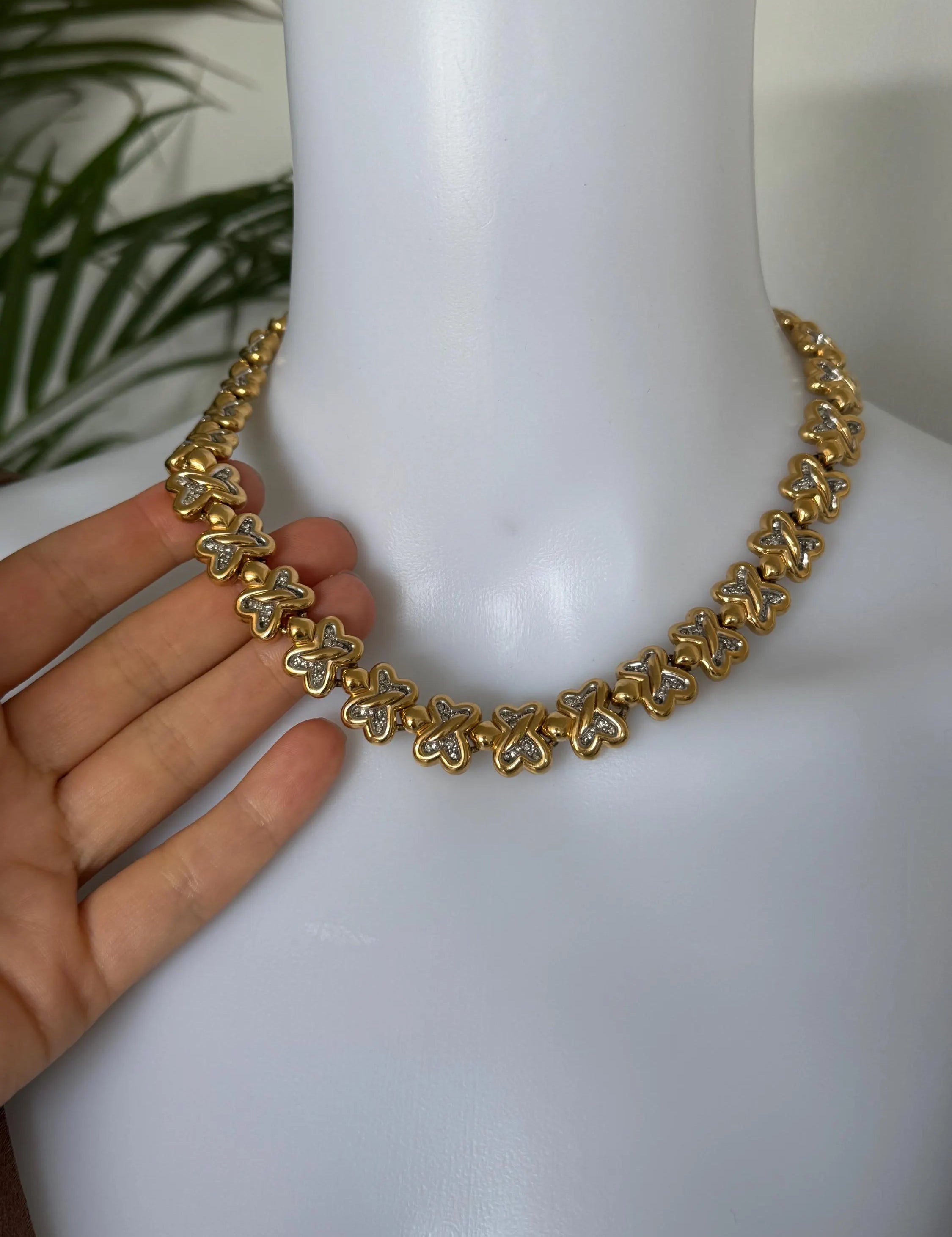 Vintage Nina Ricci Clover Link Necklace, Gold and Silver Tone with Rhinestones,42.5cm Collar, Signed Designer Jewelry, vintage Clover choker