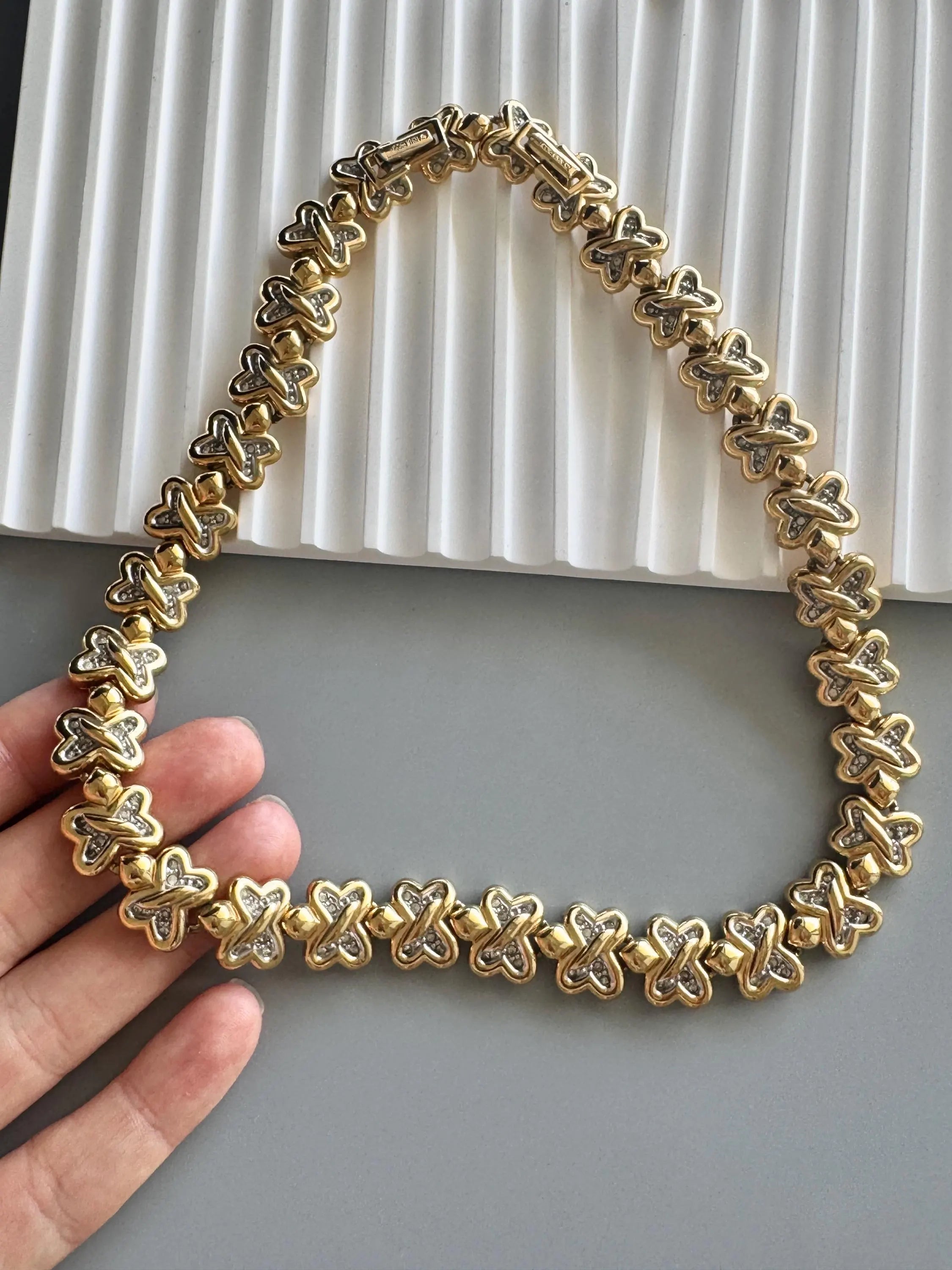 Vintage Nina Ricci Clover Link Necklace, Gold and Silver Tone with Rhinestones,42.5cm Collar, Signed Designer Jewelry, vintage Clover choker