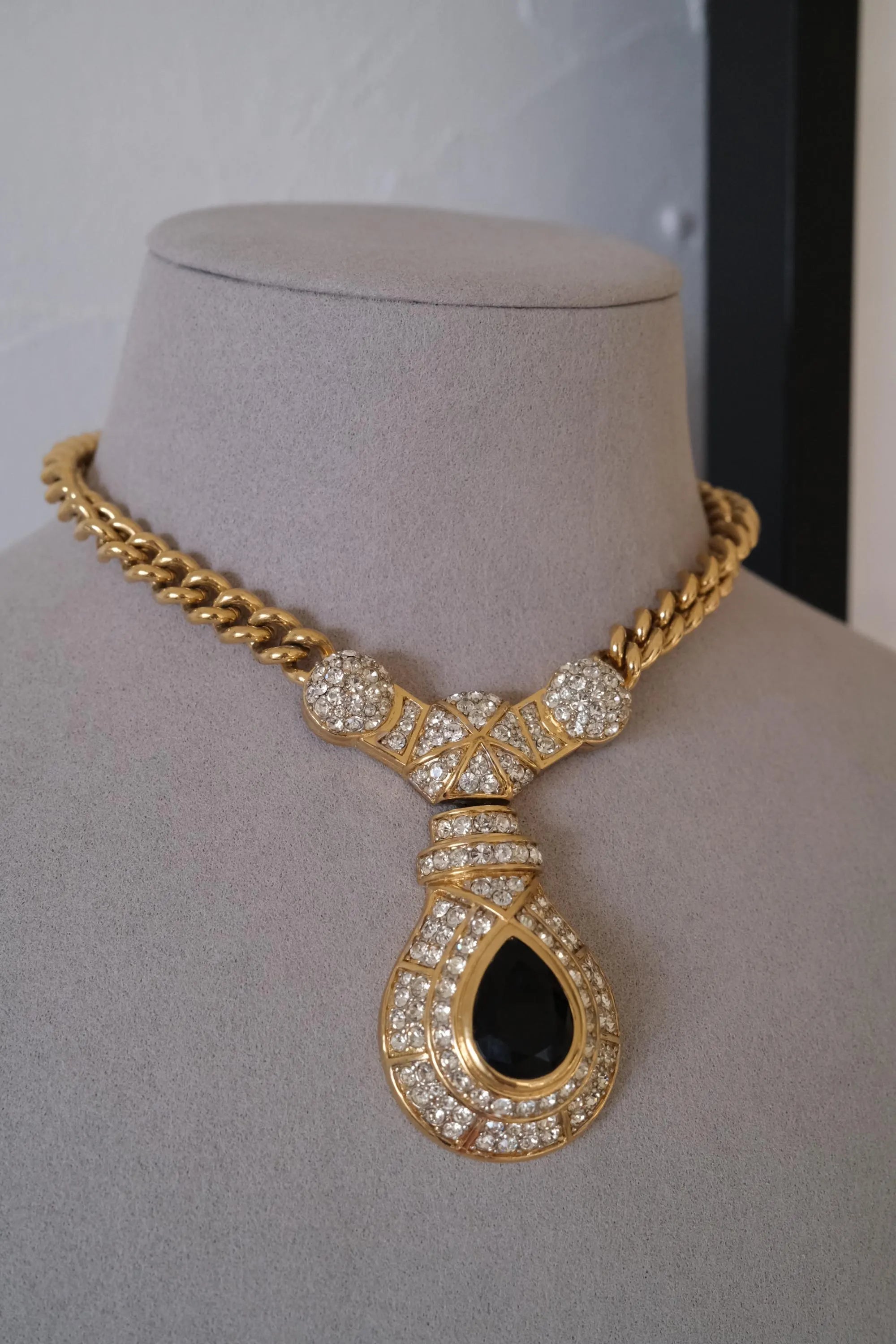Vintage Nina Ricci gold tone crystal choker necklace, royal style statement couture jewelry from the 1980s, high-end collector piece