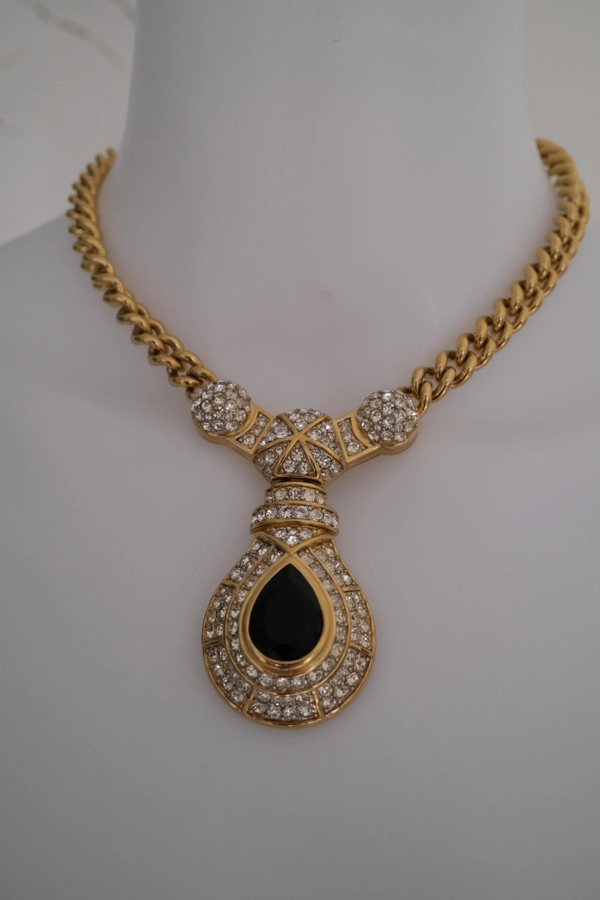 Vintage Nina Ricci gold tone crystal choker necklace, royal style statement couture jewelry from the 1980s, high-end collector piece