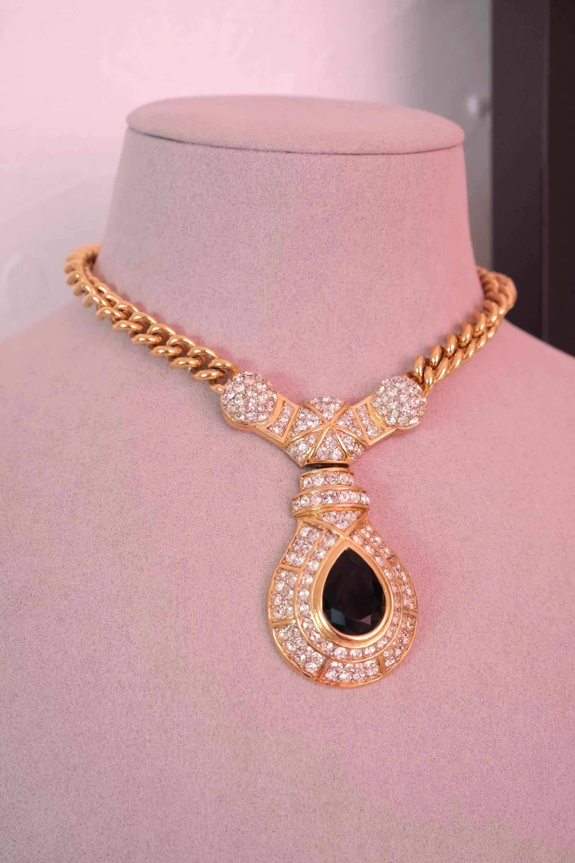 Vintage Nina Ricci gold tone crystal choker necklace, royal style statement couture jewelry from the 1980s, high-end collector piece