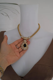 Vintage Nina Ricci gold tone crystal choker necklace, royal style statement couture jewelry from the 1980s, high-end collector piece