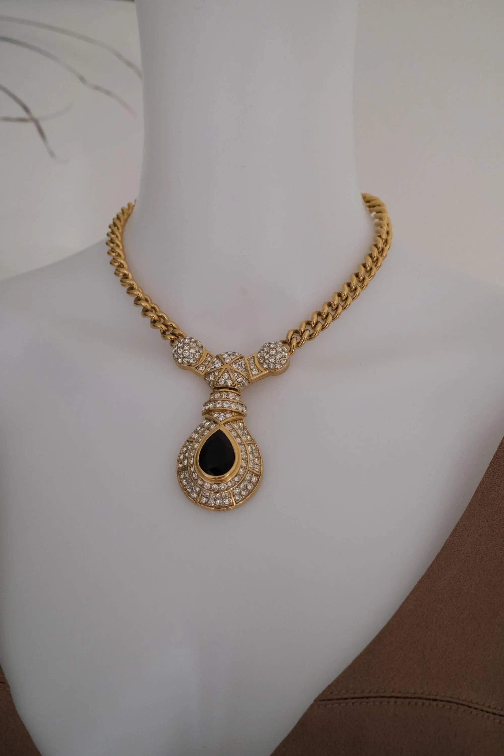 Vintage Nina Ricci gold tone crystal choker necklace, royal style statement couture jewelry from the 1980s, high-end collector piece