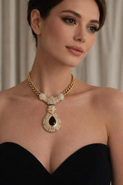 Vintage Nina Ricci gold tone crystal choker necklace, royal style statement couture jewelry from the 1980s, high-end collector piece