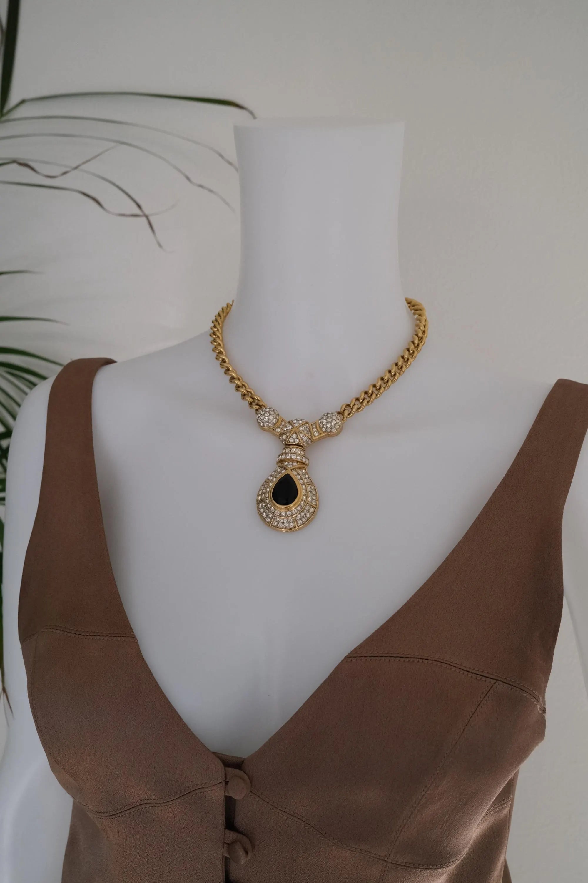 Vintage Nina Ricci gold tone crystal choker necklace, royal style statement couture jewelry from the 1980s, high-end collector piece