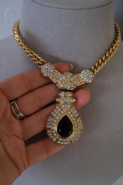 Vintage Nina Ricci gold tone crystal choker necklace, royal style statement couture jewelry from the 1980s, high-end collector piece