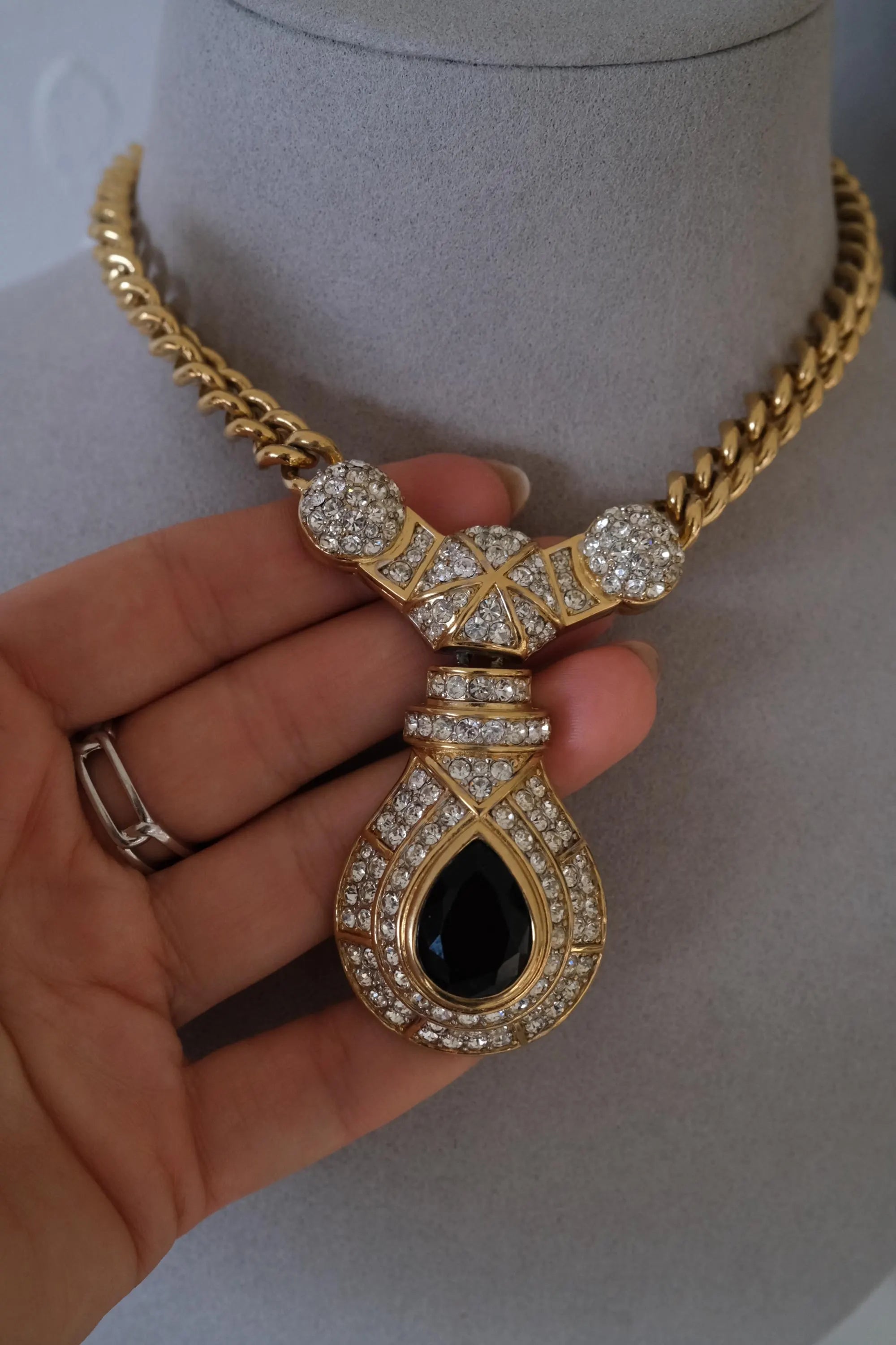 Vintage Nina Ricci gold tone crystal choker necklace, royal style statement couture jewelry from the 1980s, high-end collector piece