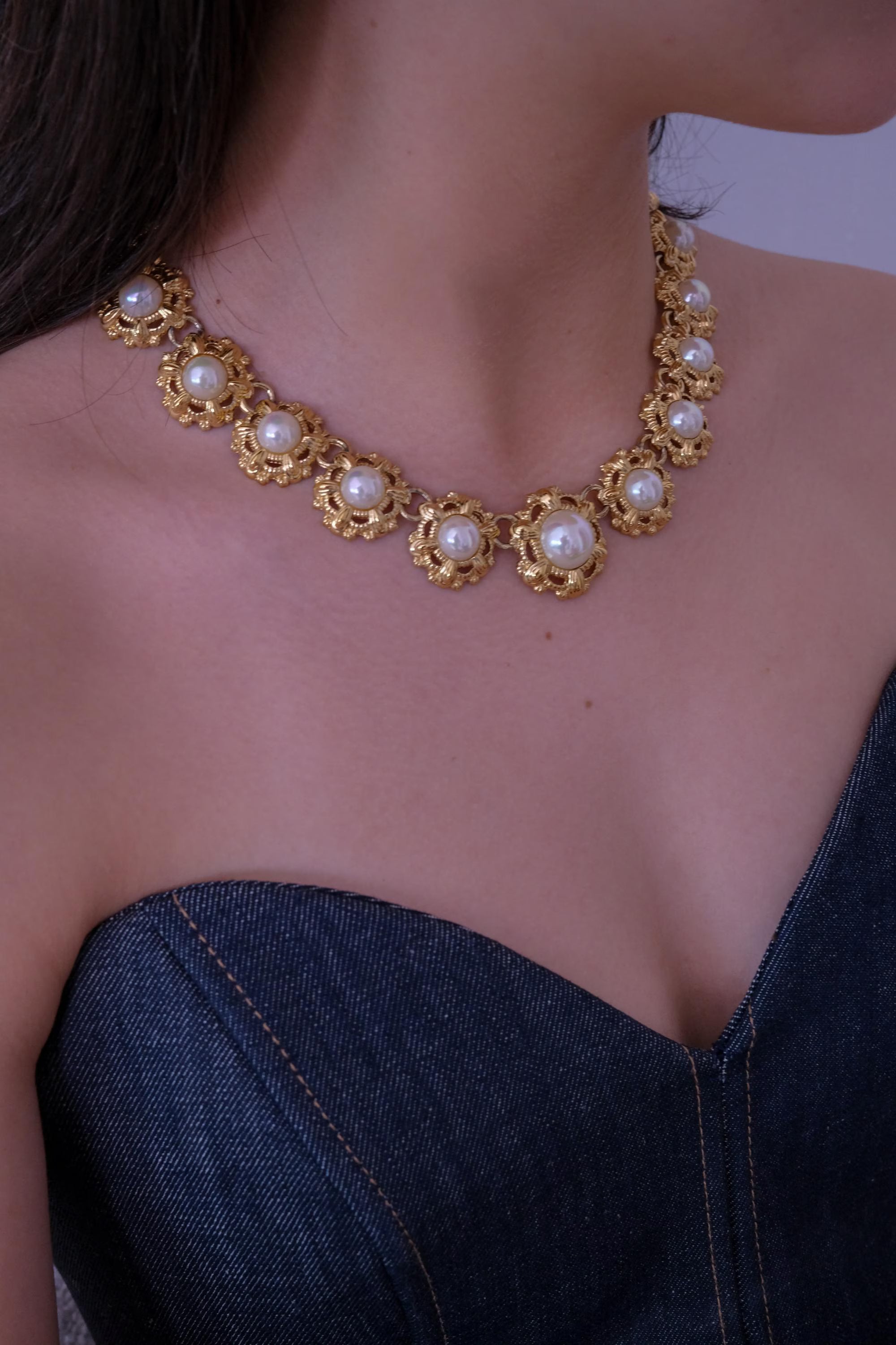 Vintage Nina Ricci gold floral faux pearl choker elegant feminine jewelry