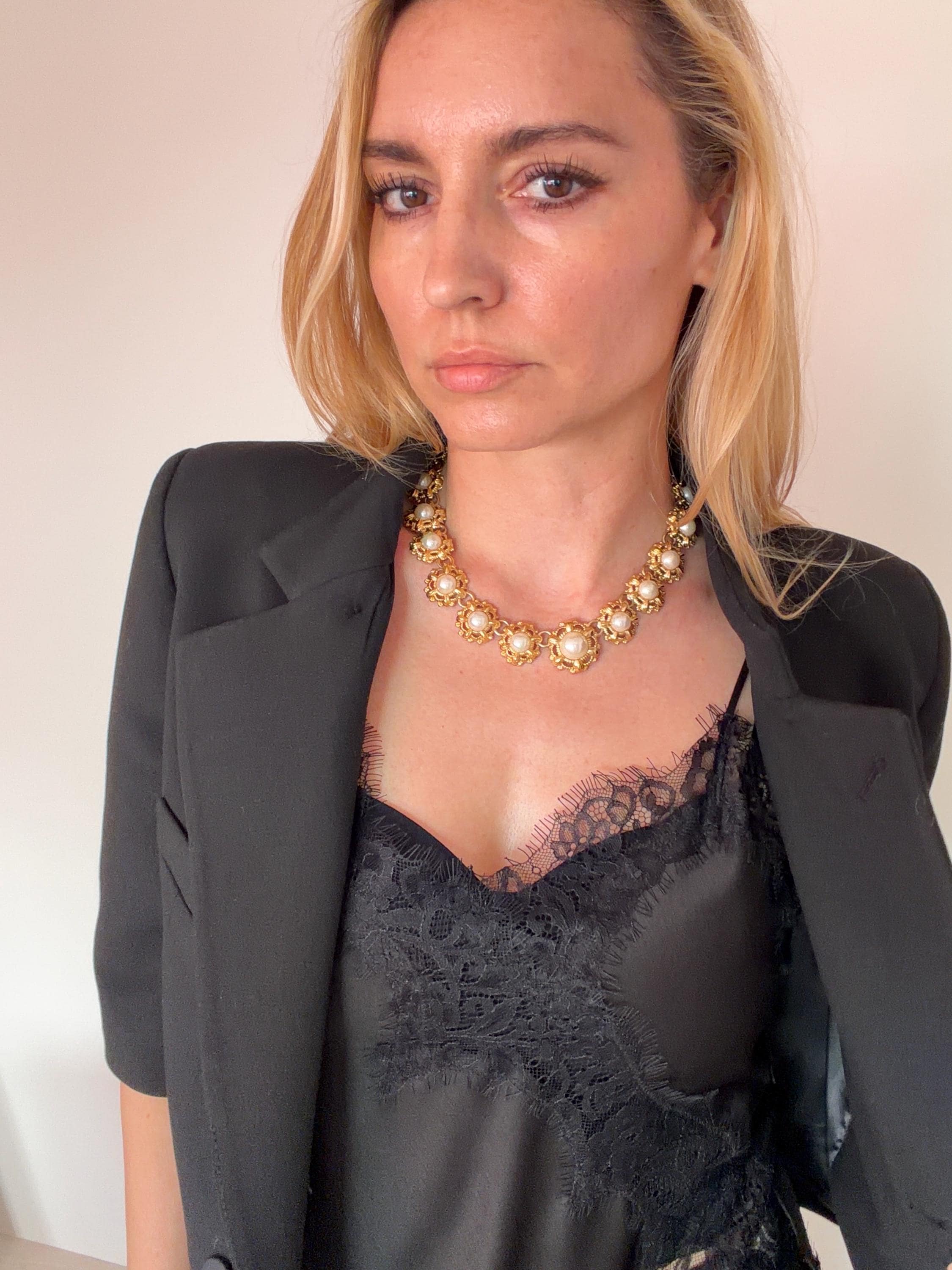 Vintage Nina Ricci gold floral faux pearl choker elegant feminine jewelry