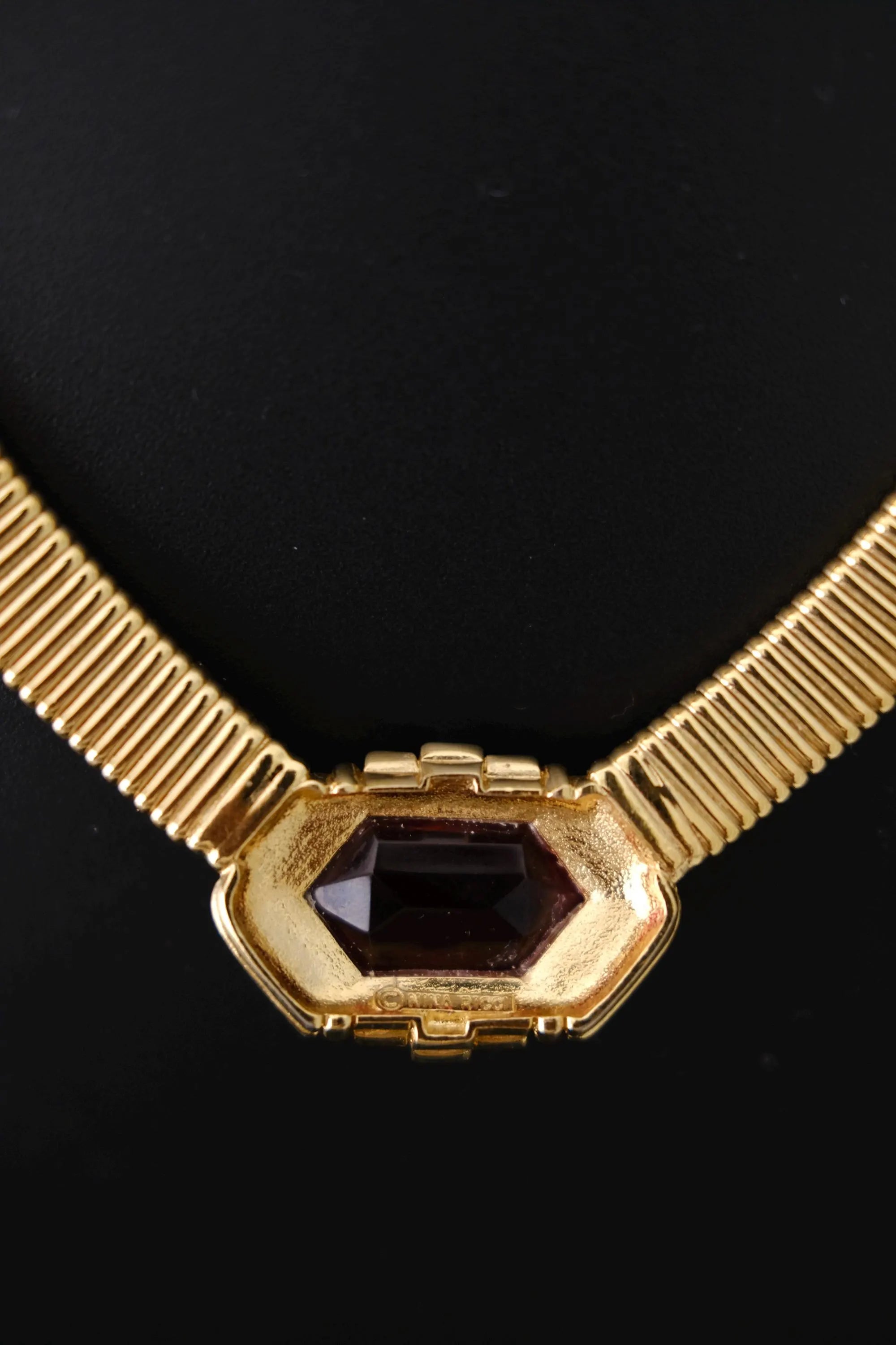 Reverse of vintage Nina Ricci Tubogas collar necklace showing signed Nina Ricci designer marking