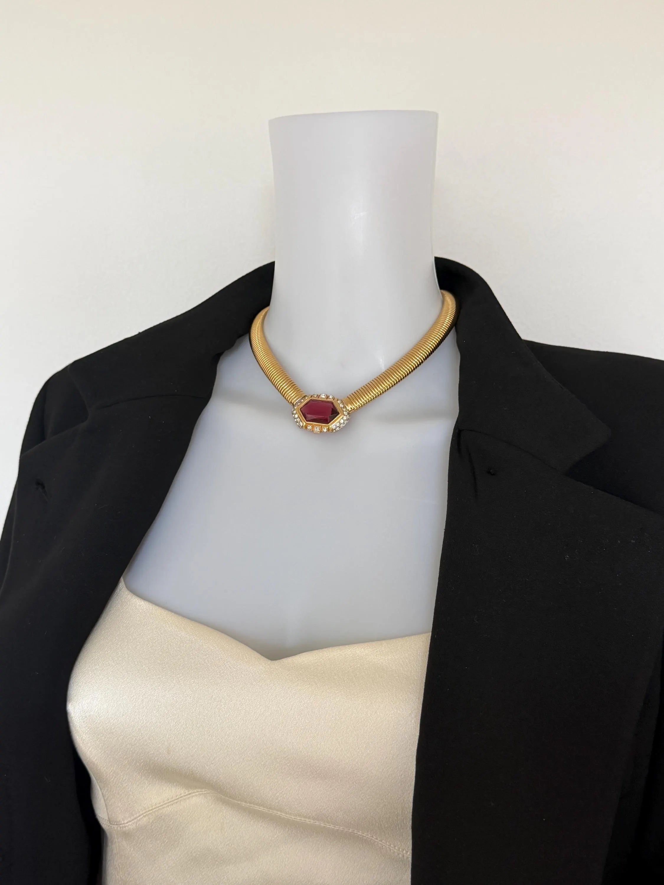 Nina Ricci vintage ruby-red glass statement choker necklace styled with an elegant evening dress