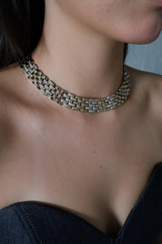 Vintage Panetta woven-link chain necklace with champagne gold tone and crystal-embellished links