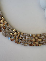 Vintage Panetta woven-link chain necklace with champagne gold tone and crystal-embellished links