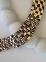 Vintage Panetta woven-link chain necklace with champagne gold tone and crystal-embellished links