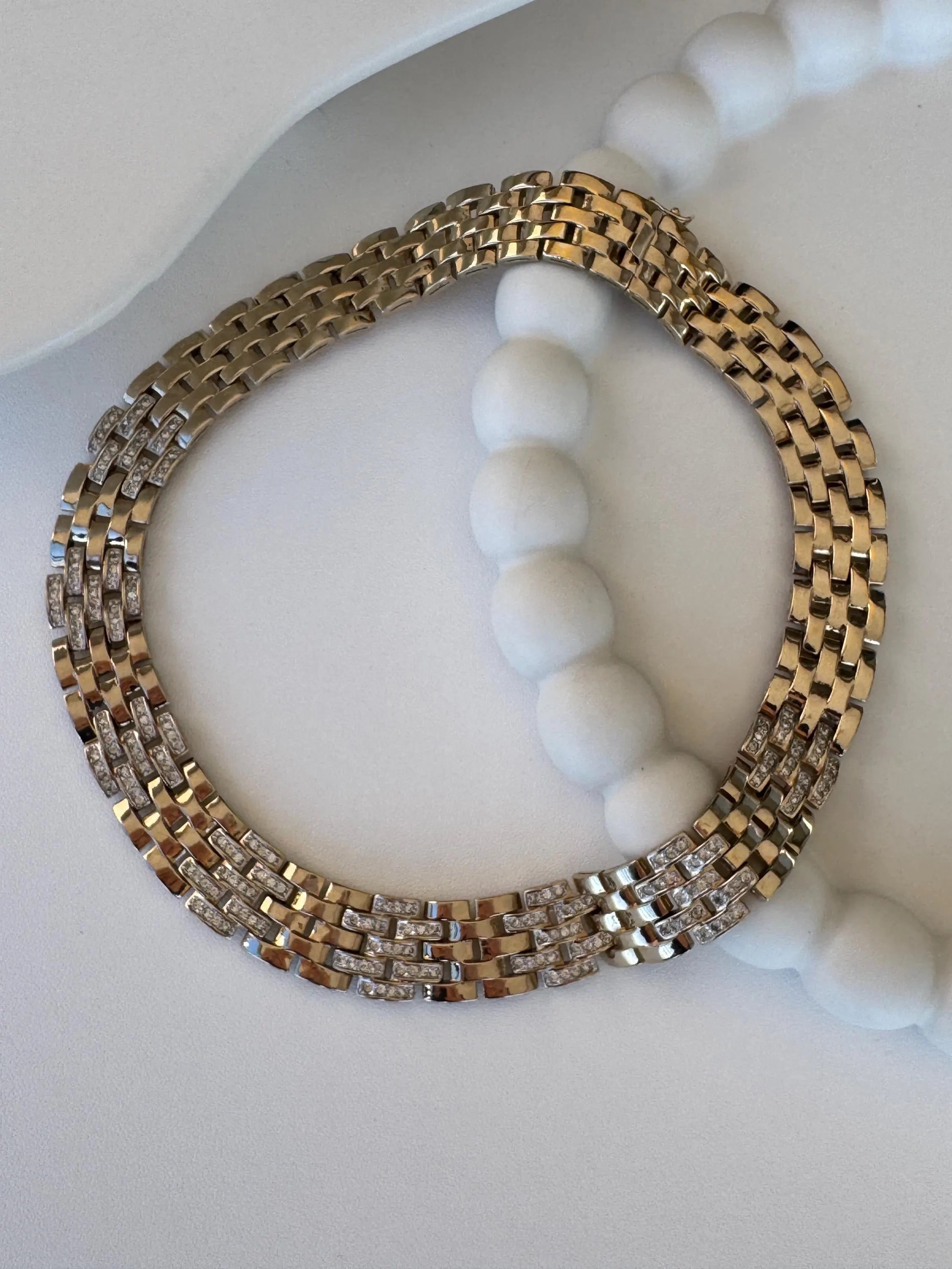 Vintage Panetta woven-link chain necklace with champagne gold tone and crystal-embellished links