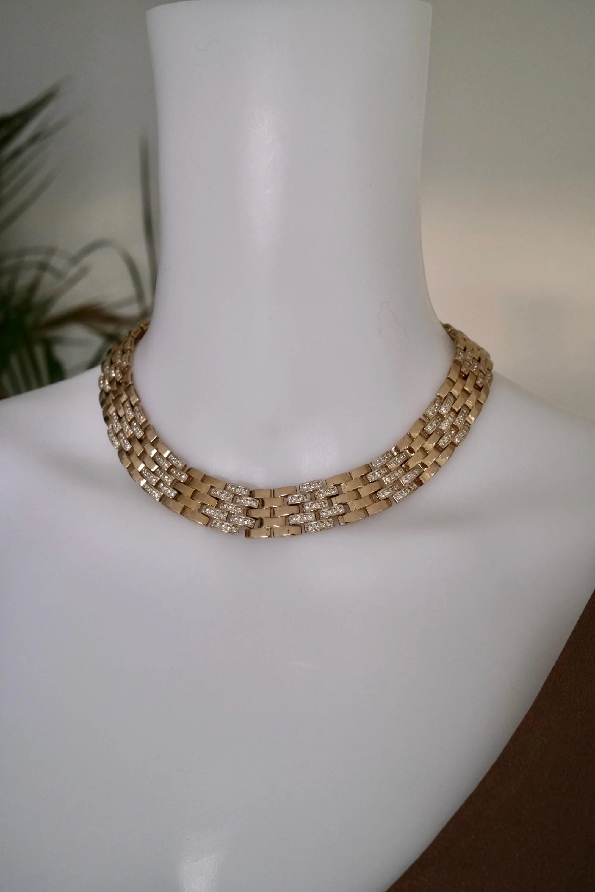 Vintage Panetta woven-link chain necklace with champagne gold tone and crystal-embellished links