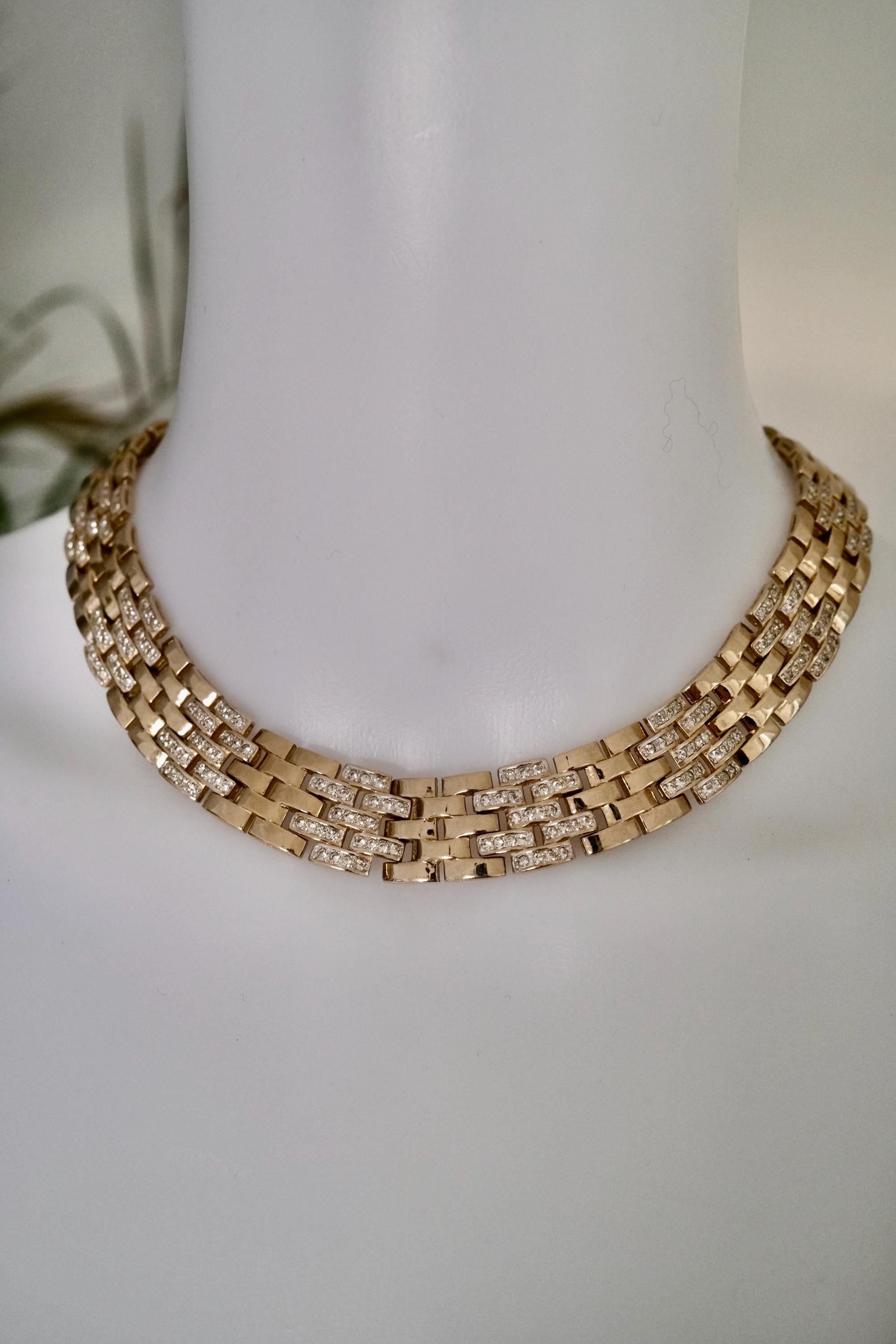 Vintage Panetta woven-link chain necklace with champagne gold tone and crystal-embellished links