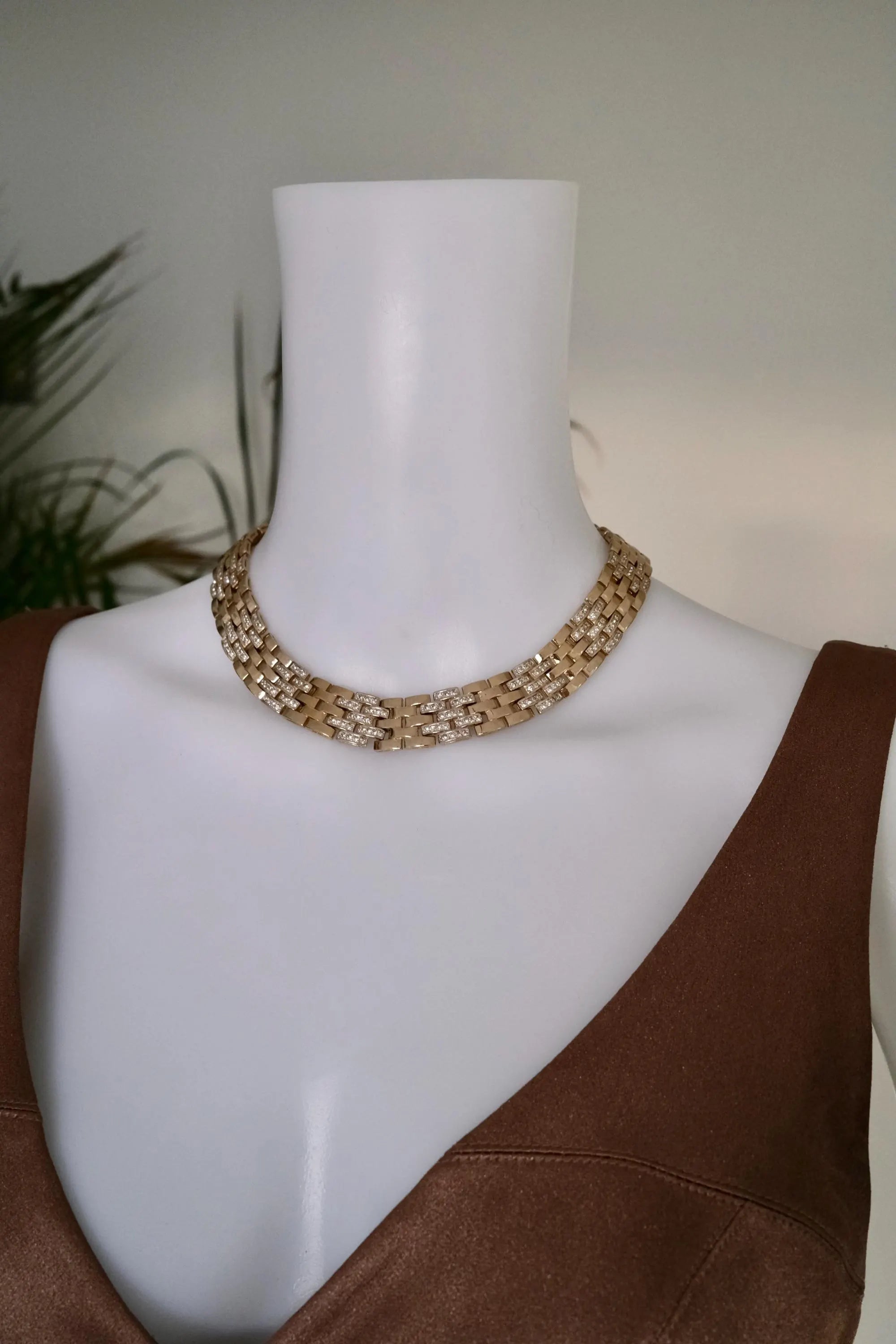 Vintage Panetta woven-link chain necklace with champagne gold tone and crystal-embellished links
