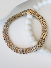 Vintage Panetta woven-link chain necklace with champagne gold tone and crystal-embellished links