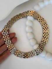 Vintage Panetta woven-link chain necklace with champagne gold tone and crystal-embellished links