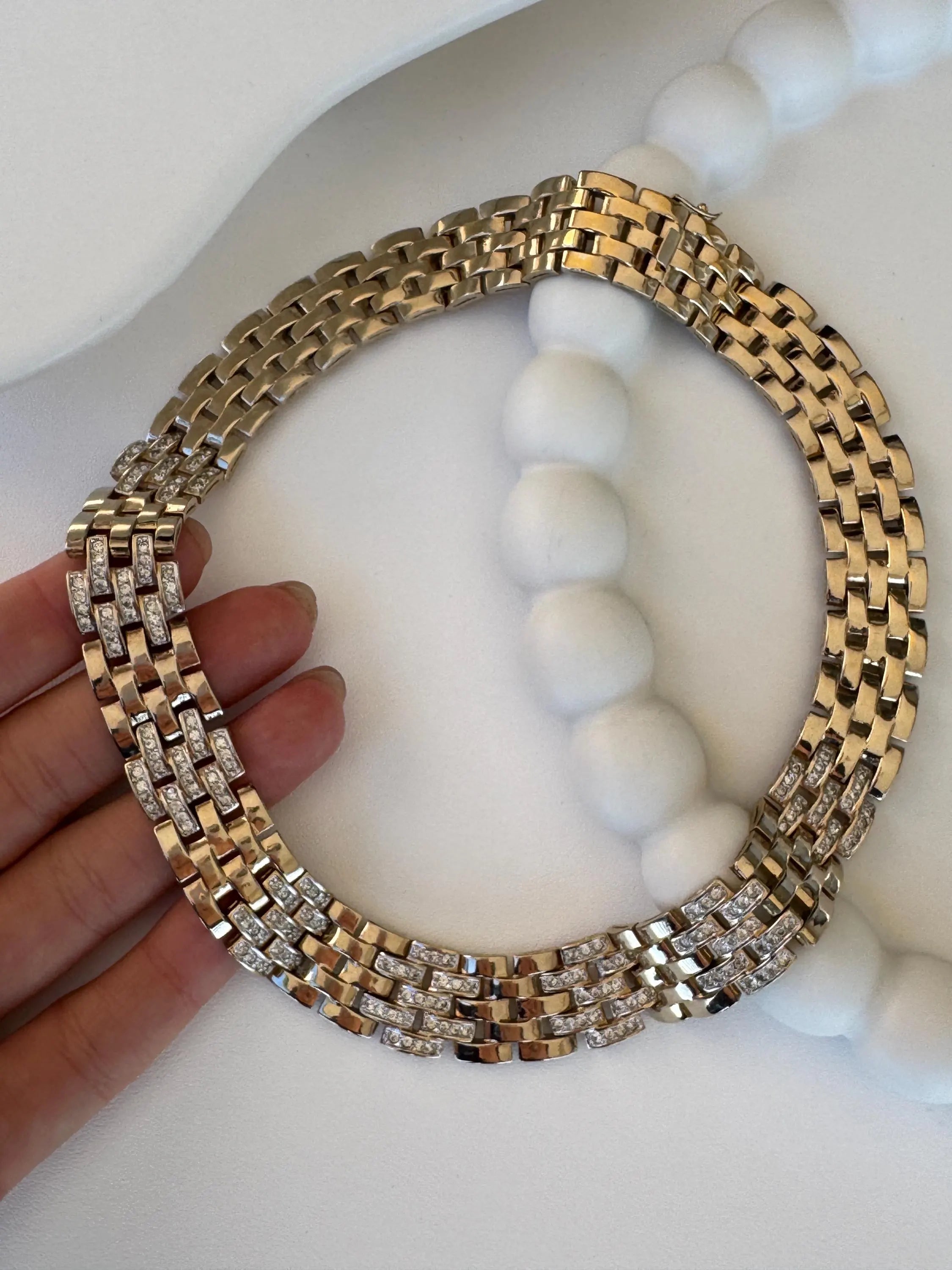 Vintage Panetta woven-link chain necklace with champagne gold tone and crystal-embellished links